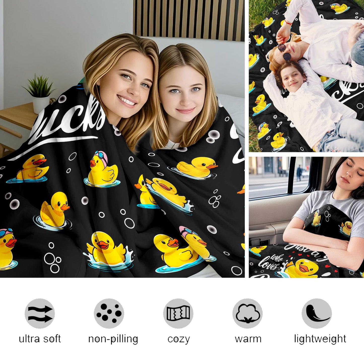 Tinerpoim Duck Blanket Gifts Soft Flannel Duck Throw Blanket Stuff Decor for Girls Women Kids Adults Black 50"x40"