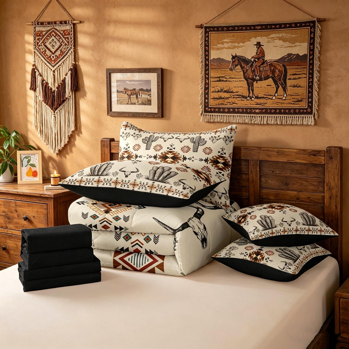 Erosebridal Western Aztec Bedding Set King Rustic Country Southwestern Comforter Set 7 Piece Boho Tribal Geometric Ethnic Bull Skull Bed in A Bag Vintage Native American Quilt with Flat Fitted Sheet