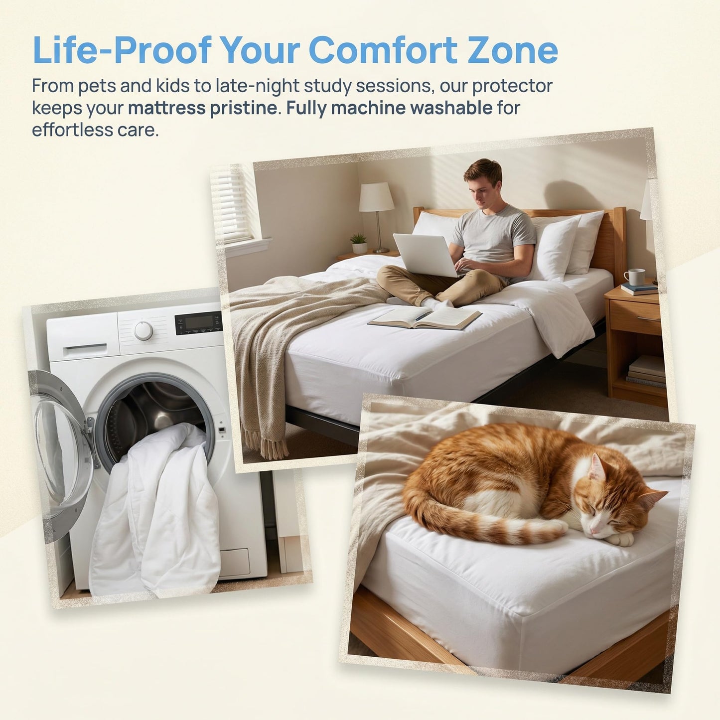 Queen Zippered Mattress Protector,Absorbent Six-Sided Mattress Cover Queen Size Bed, 12-15 Inch Noiseless Washable Mattress Encasement, Sleep Defense System, Hypoallergenic & Soft