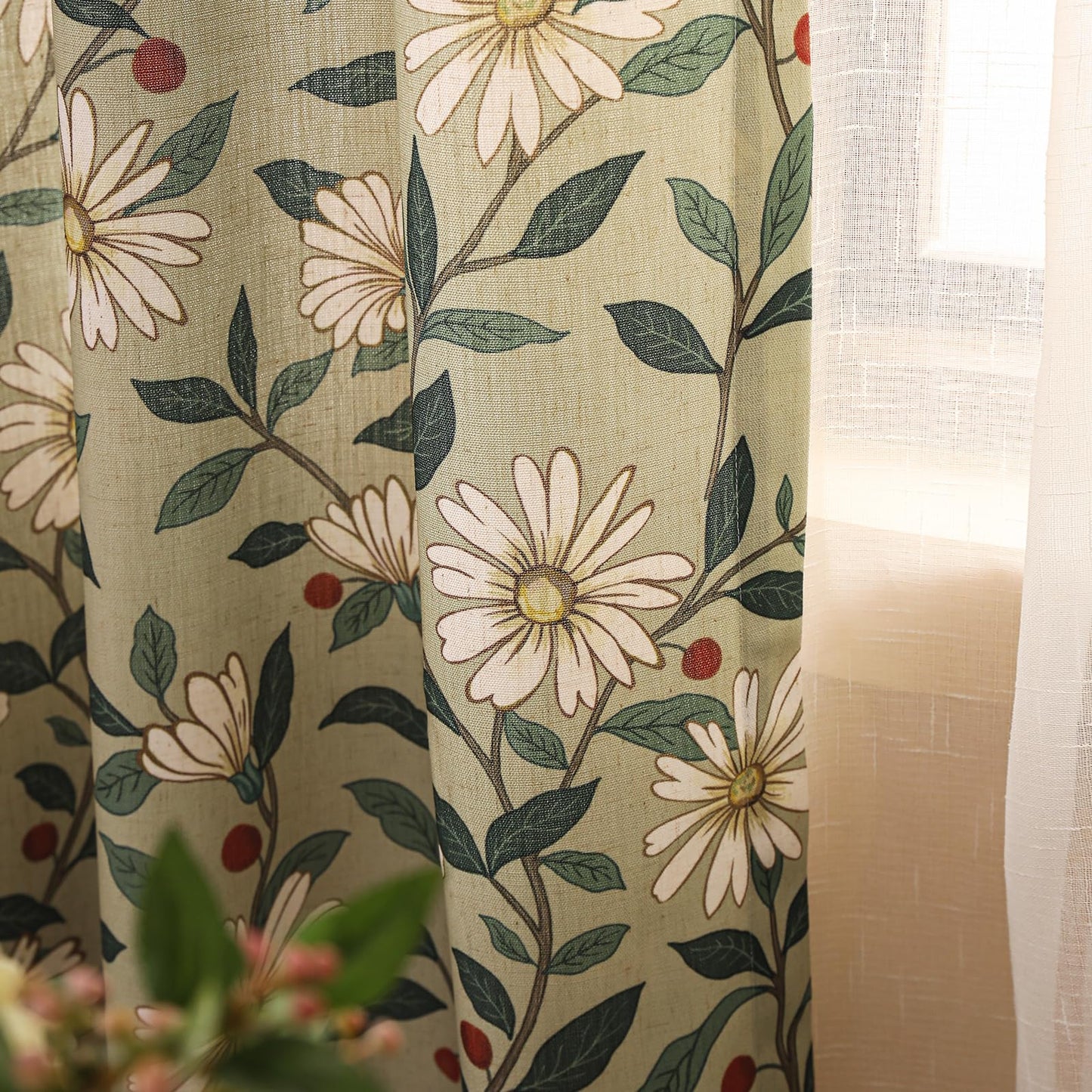 ISAENNE Designer French Green Linen Printed Curtain,2 Panels,63"x53"-Brune