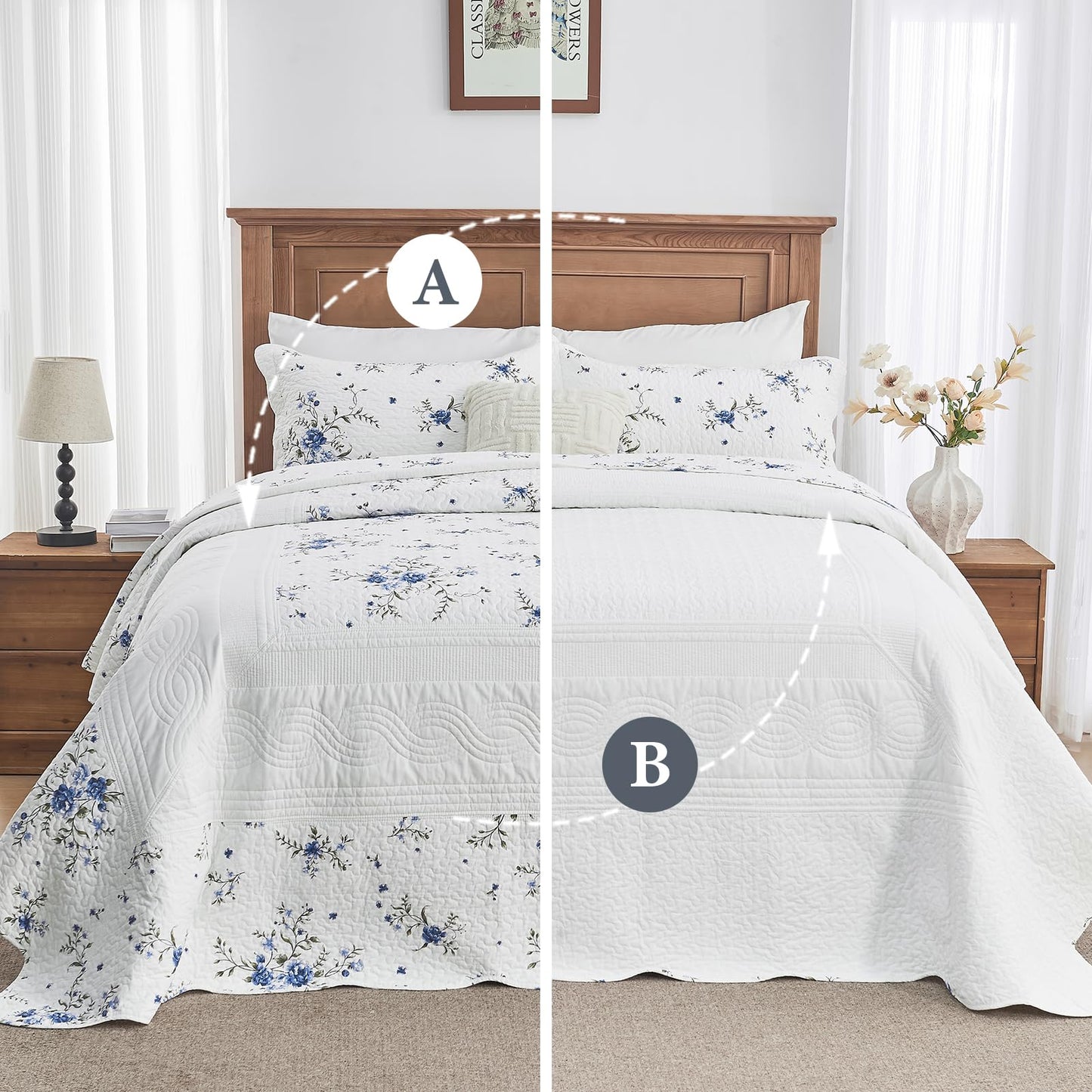 CozyStitch Floral Bedspread 128"x120" California King Quilt, 100% Cotton XL Oversized King Bedspread Coverlet Set with 2 Pillowshams, Lightweight Farmhouse Quilted Comforter, White/Blue/Green, 3 Pcs