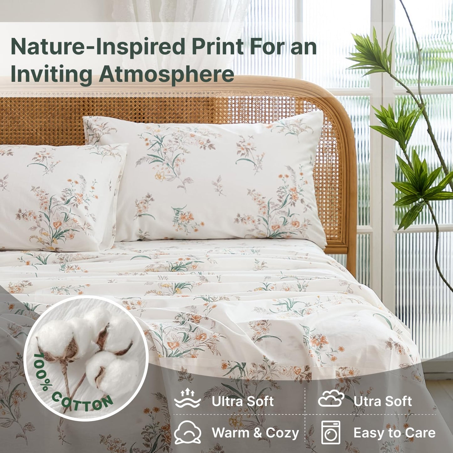 Cozaline 100% Cotton Sheet Set King Size – 4-Piece Shabby Chic Floral Bedding Set, Soft Breathable Percale Weave, Deep Pocket Fitted Sheet 17.5", Crisp Cool Feel, Refined Botanical Elegance