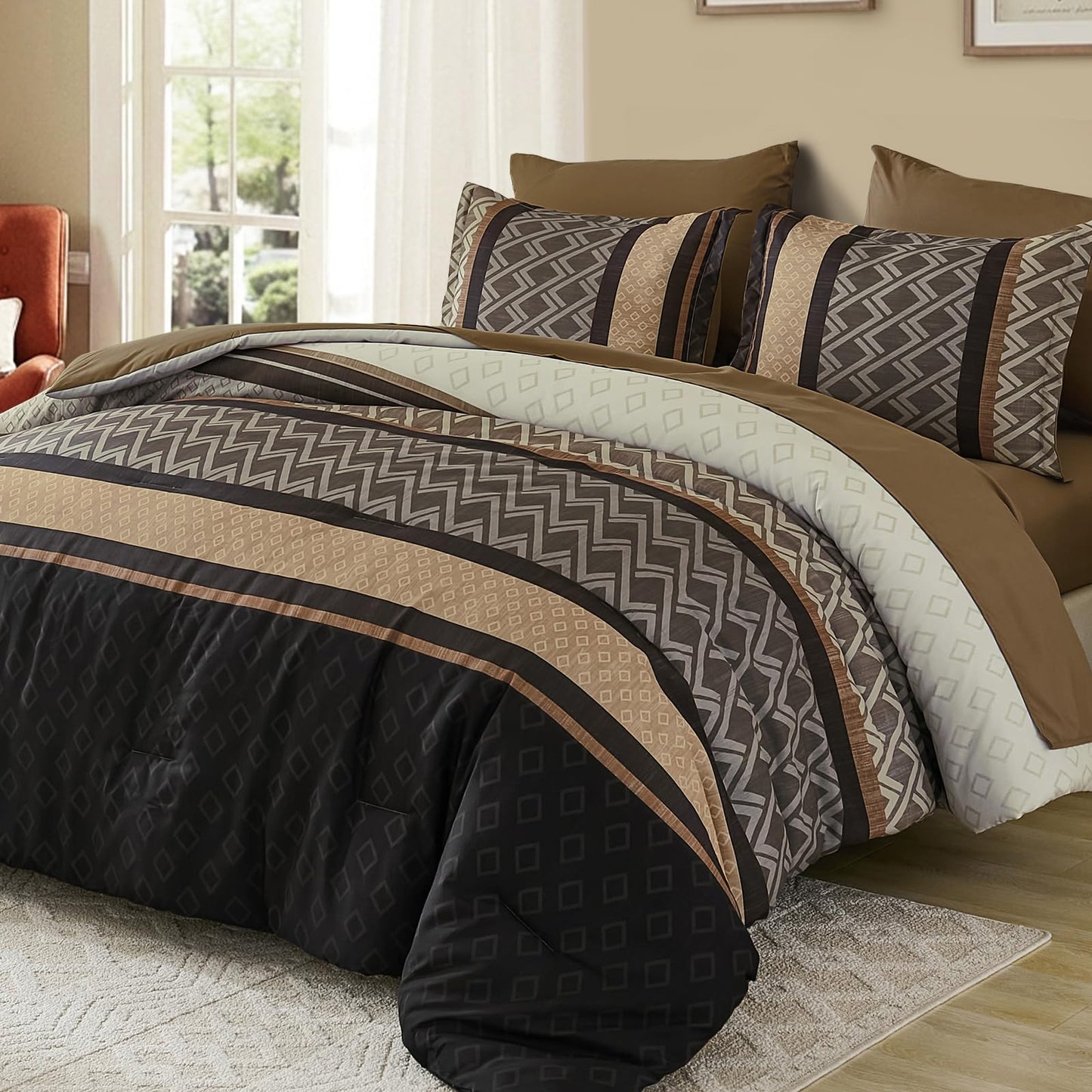 Cottolester Brown Comforter Set Queen Size,Boho Striped Bed in a Bag,7 Piece Plaid Comforter and Sheet Set, Soft Microfiber Complete Bedding Sets