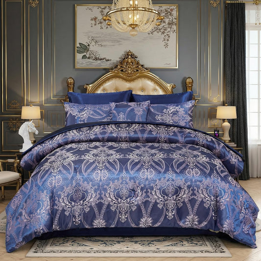Jacquard King Comforter Set Blue Satin Sheet Set Elegant Bedding Set 8 Pcs Vintage Neoclassical Floral Bed Home Decor Soft Comforter Luxury Hotel Silky Bed in a Bag with 1 Cushion Cover