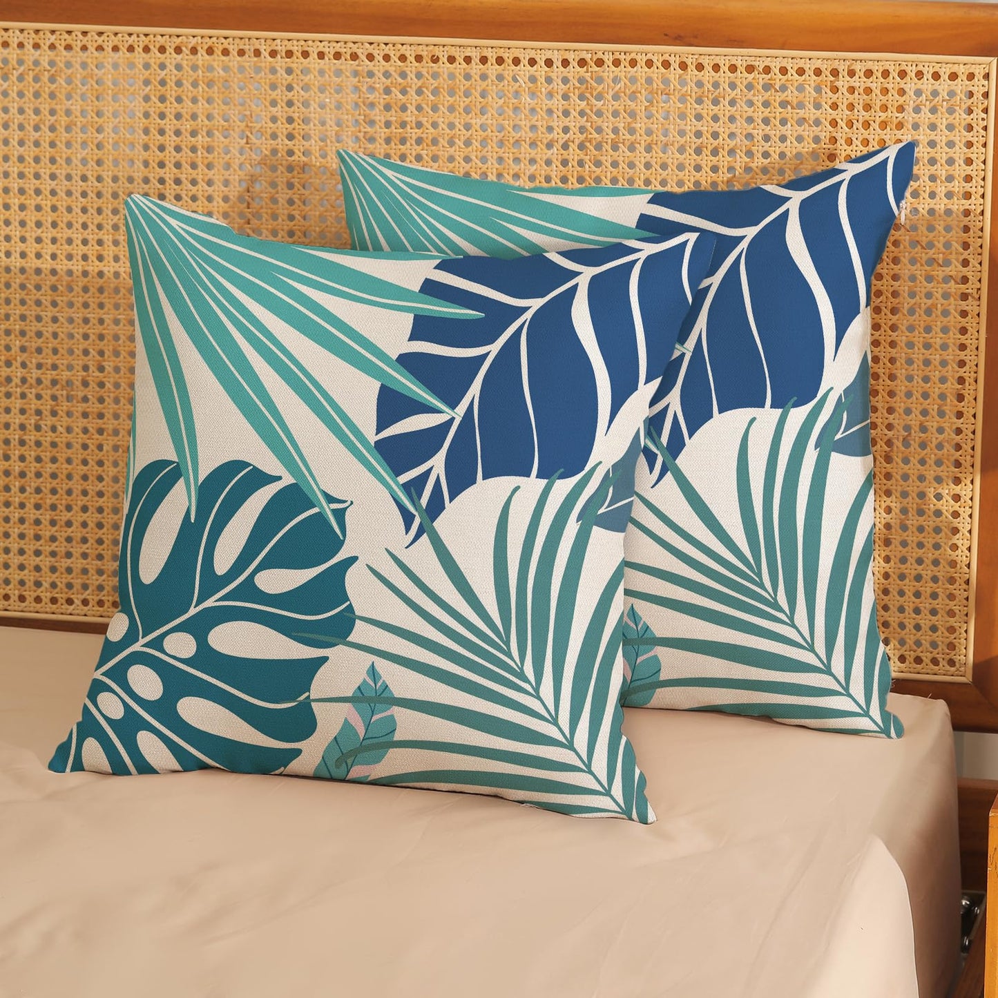 Tropical Pillow Covers 18x18 Set of 2 Navy Blue Aqua Teal Monstera Palm Leaf Pillowcase Summer Decorations Tropical Outdoor Throw Pillows Linen Decor Botanical Plant Cushion Case for Home Bed
