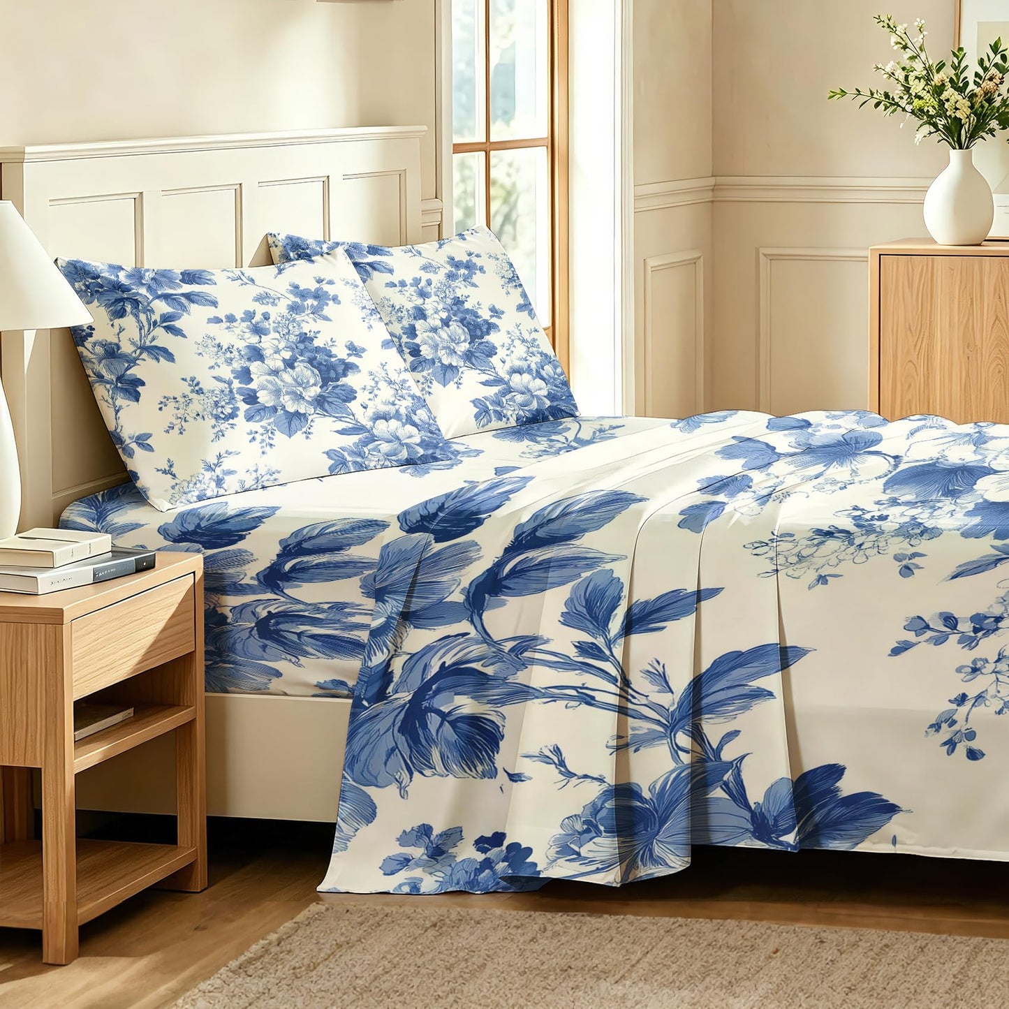 Blue and White Floral King Sheet Set 4 Pcs Chinoiserie Bed Sheets