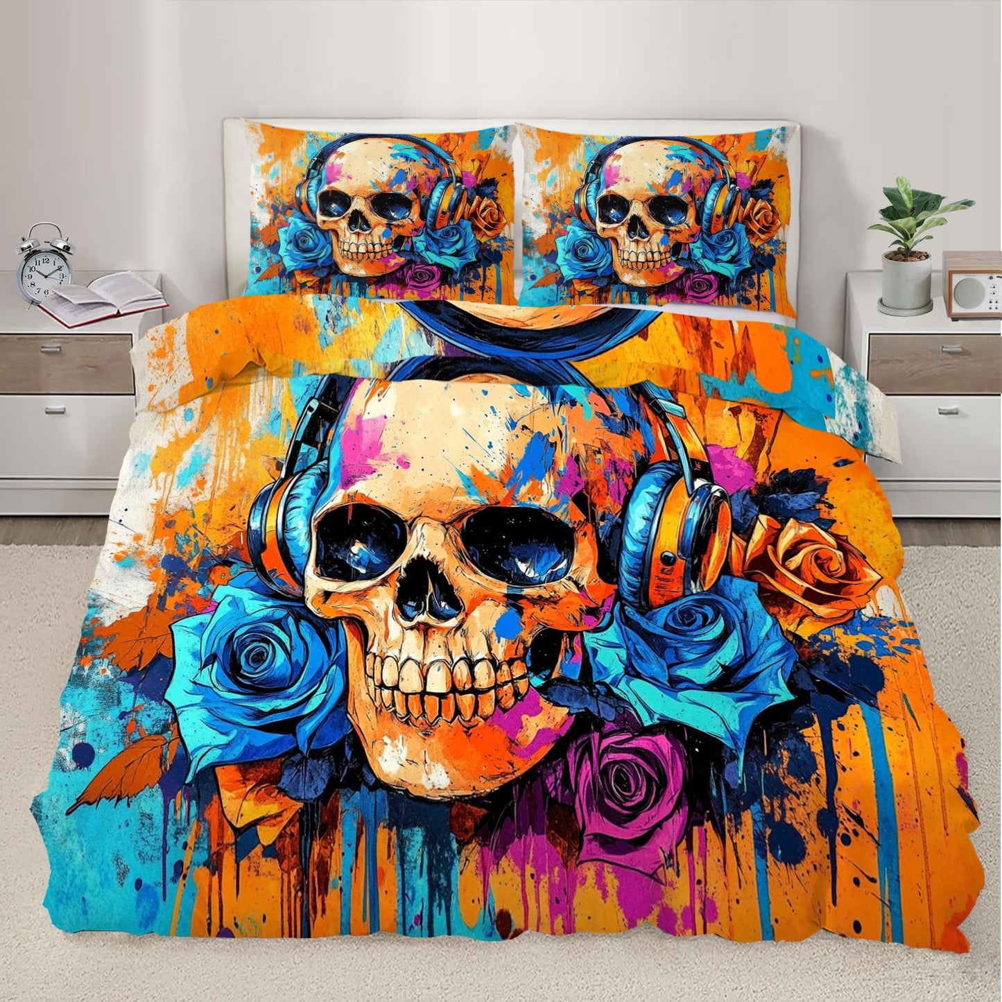 PAISUOQ Graffiti Bedding Sets Full Floral Skull Comforter Cover with Zipper Ties, Graffiti Music Duvet Cover with 2 Pillowcases, 3 Pieces，Bedroom Decor & Gifts