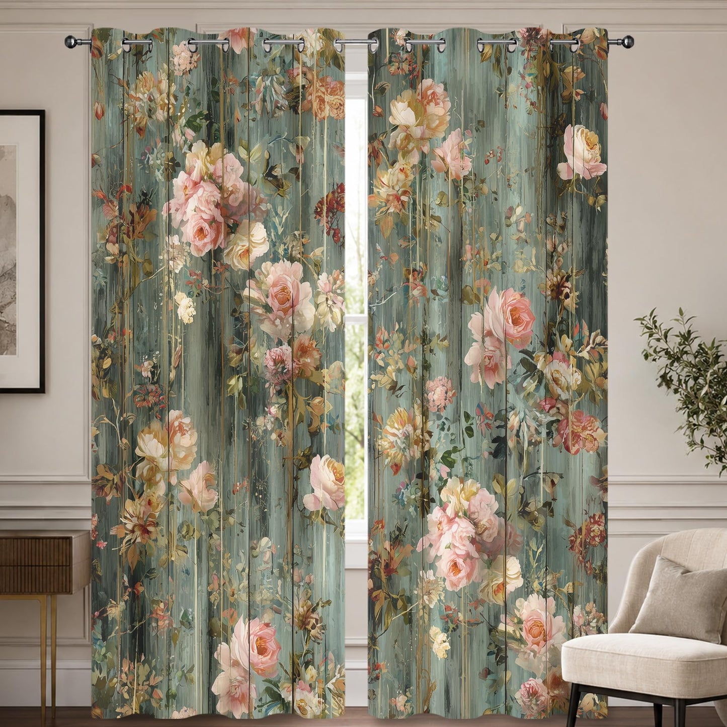 Vintage Floral Blackout Curtains for Bedroom 63 inch Long