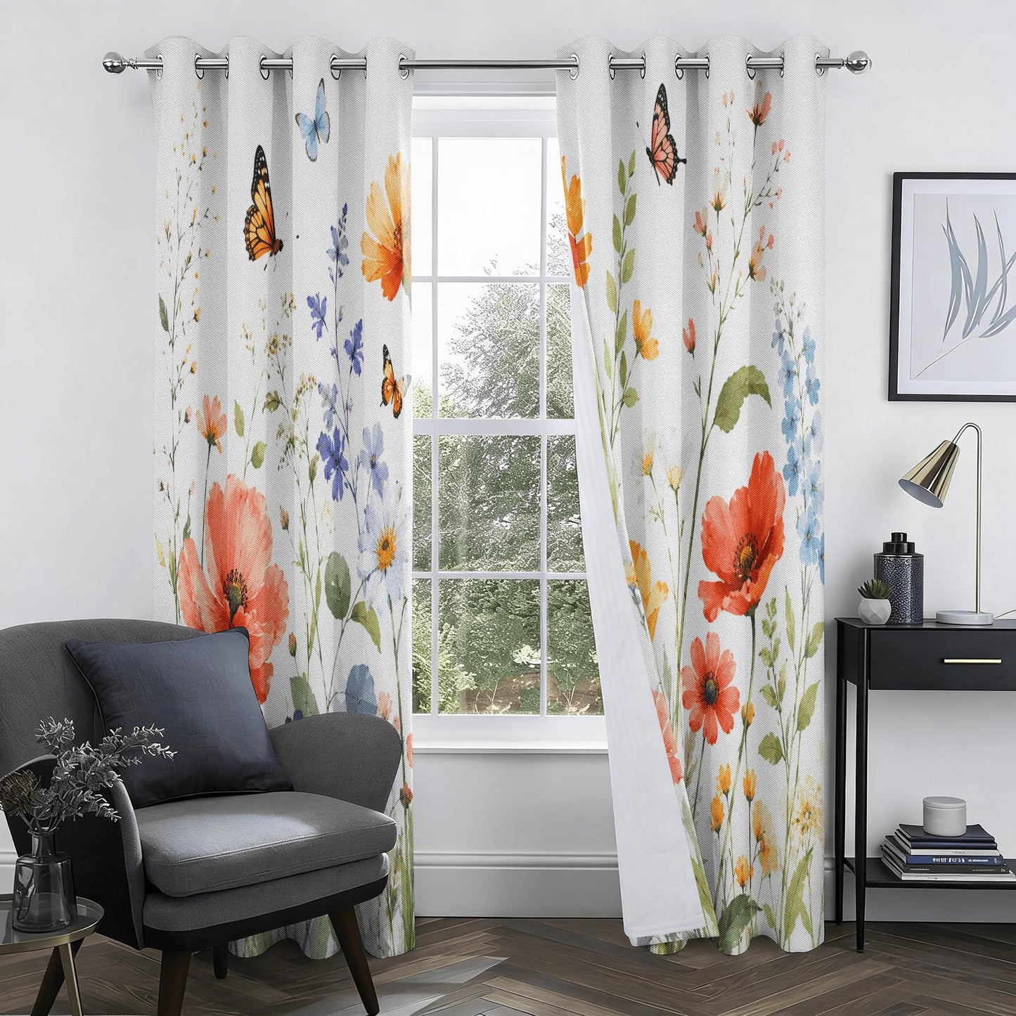 Spring Watercolor Wildflower Butterfly Blackout Curtains, 2 Panels, 29.5"W x 63"L, Colorful Meadow Floral Window Drapes, Thermal Insulated Darkening Botanical Curtains for Bedroom Nursery Living Room