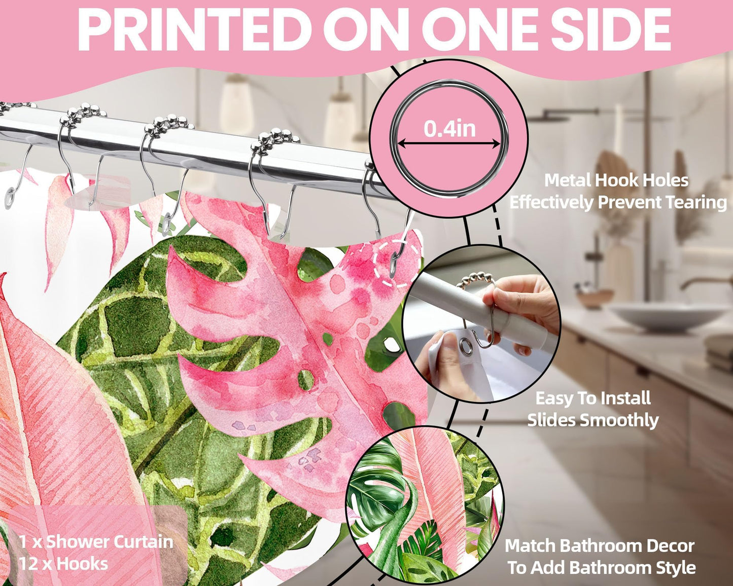 Pdvbiee Pink and Green Tropical Palm Leaf Shower Curtain, 70 X 72 Inch