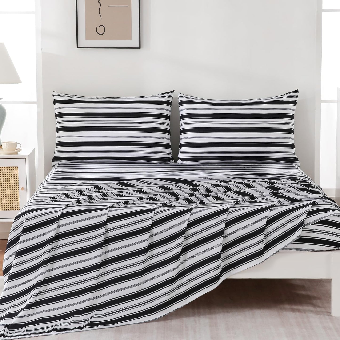 MCO 4Pieces Striped Sheets Set, Breathable King Sheet Set with 16" Deep Pocket,Modern & Luxury, Brushed Microfiber Bedding Set(King, Black)