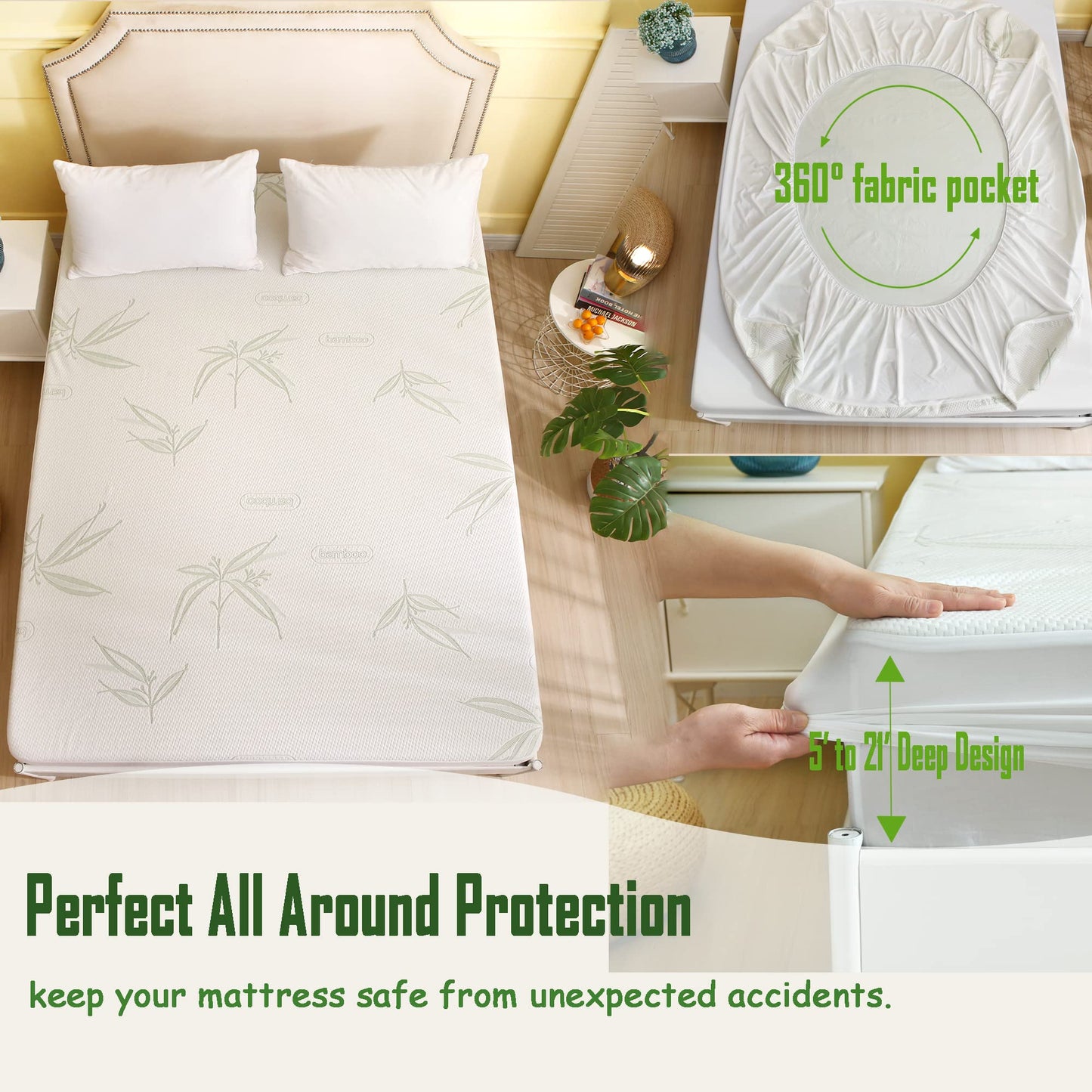 Queen Size Waterproof Mattress Protector, Premium Cooling Viscose from Bamboo Mattress Pad, Breathable, Noiseless, Cooling & Machine-Washable Bed Cover with 21" Deep Pocket