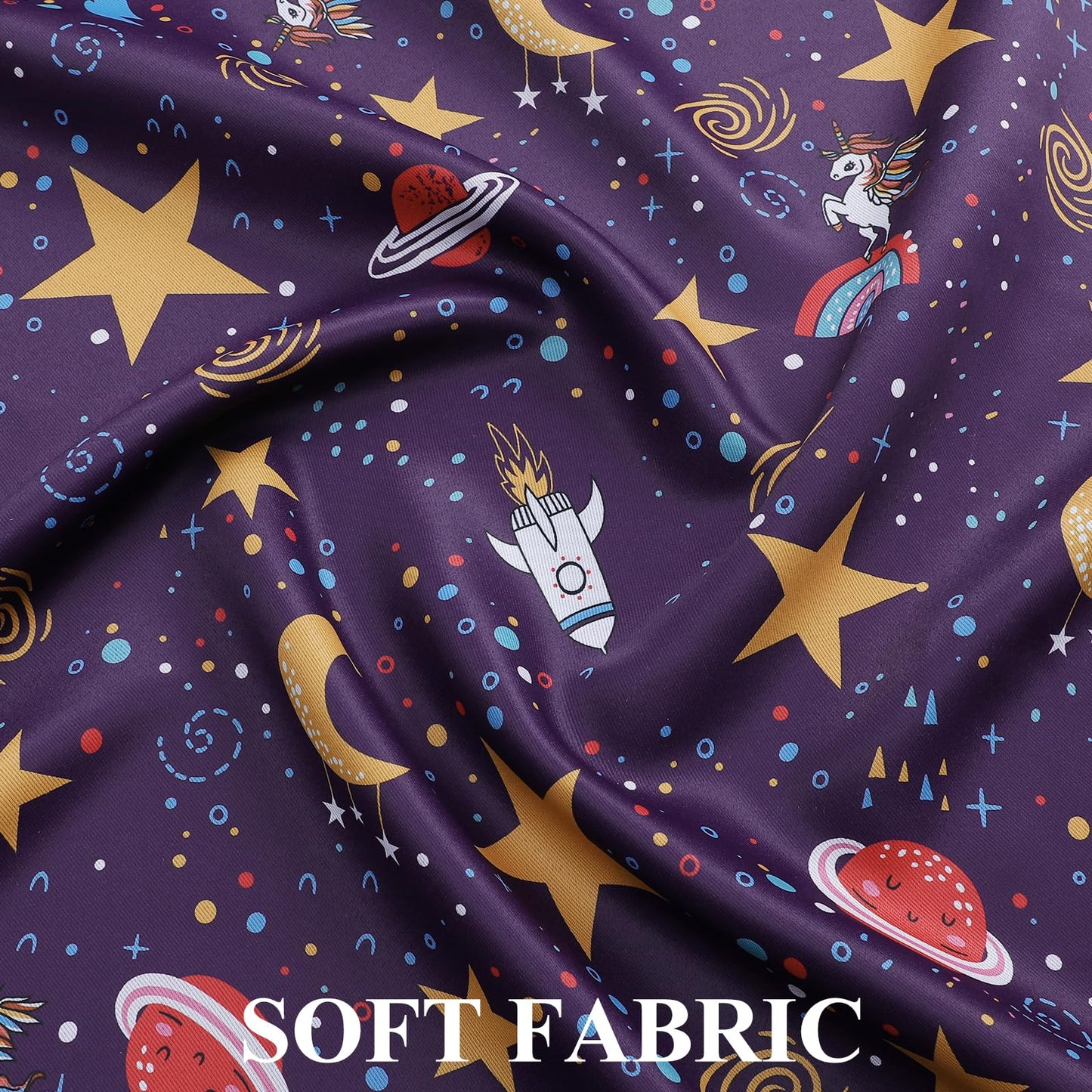 Estelar Textiler Unicorn & Rocket Theme Purple Blackout Curtains 72 Inch Long 2 Panel, Room Darkening Thermal Insulated Drapes for Nursery Bedroom, Star Moon Curtains Decor for Kids Room, 38x72 inch