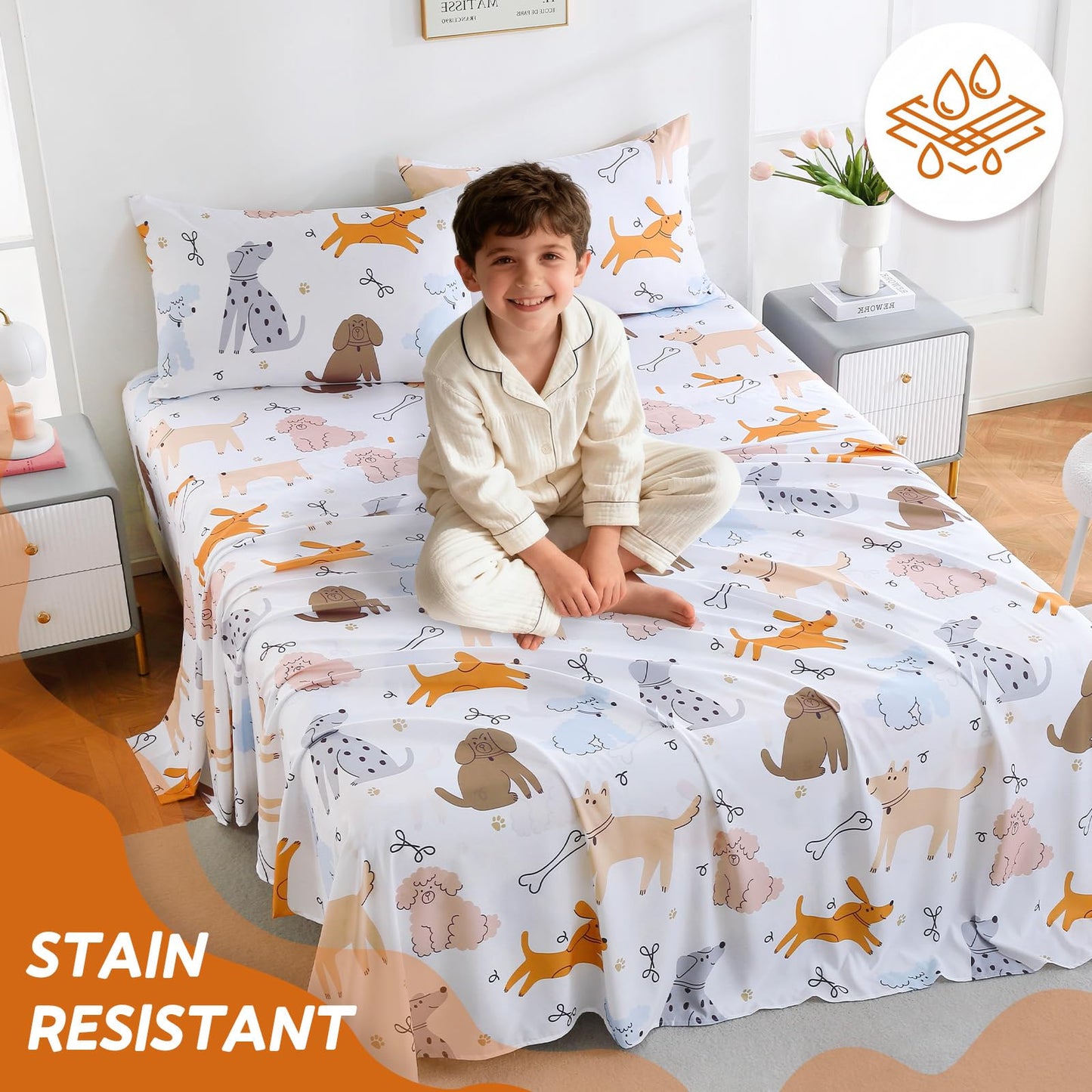 ChicView Queen Sheet Set Kids,4 Pieces Breathable Soft Microfiber Bedsheets for Child Boys Girls, Anti Pilling Deep Pockets Easy Care Bed Sheets, Puppy