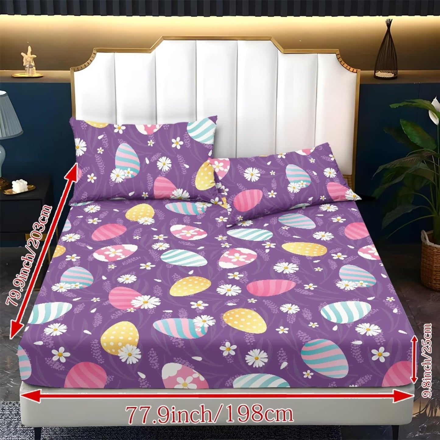 ZDCUSTOM Easter Egg Sheets Twin XL Size Wrinkle Free Bed Sheets Purple Bedding Sheets & Pillowcases 3 Piece Set Soft Deep Pocket Fitted Sheet & Pillow Case for Easter Decor, 39" x 79"