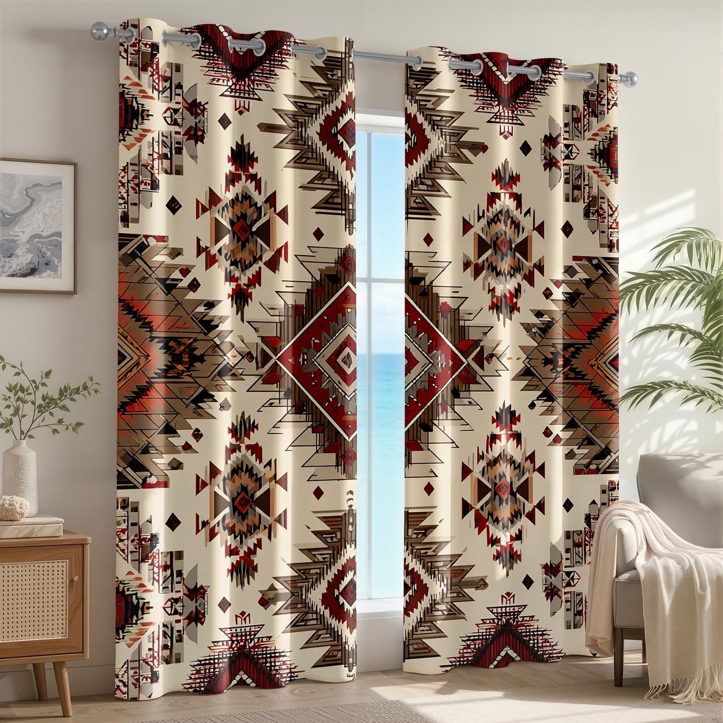 Southwestern Patterned Curtains Blackout, Thermal Insulated Room Darkening Grommet Drapes for Bedroom Living Room, 63 Inch Curtains 2 Panel Set, Western Aztec Native American Tribal Window Treatments
