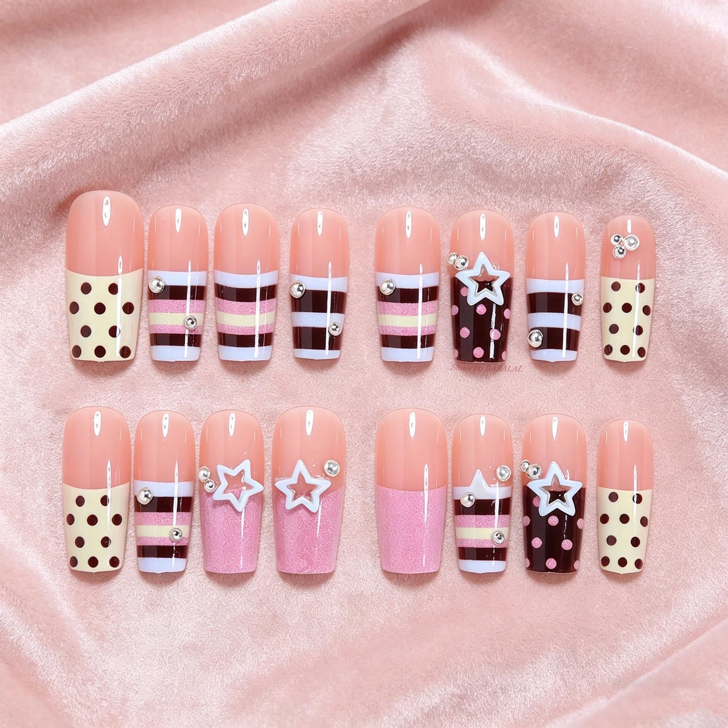 BABALAL Press On Nails, Long Square Fake Nails, Pink Brown with 3D Star Rhinestone & Polka Dot Stripe Design, Y2K Retro Cute Glue On Nails for Women and Girls 24Pcs