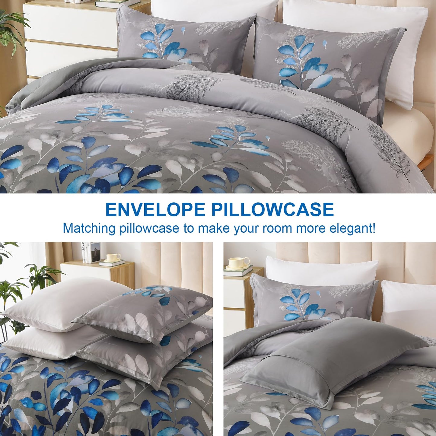DJY King Size Comforter Set, Dark Grey Botanical Leaves Comforter Set King, 3 Pieces Reversible Blue Floral Bed Comforter Sets Soft Microfiber Bedding Comforter Set for All Season (90"x104")