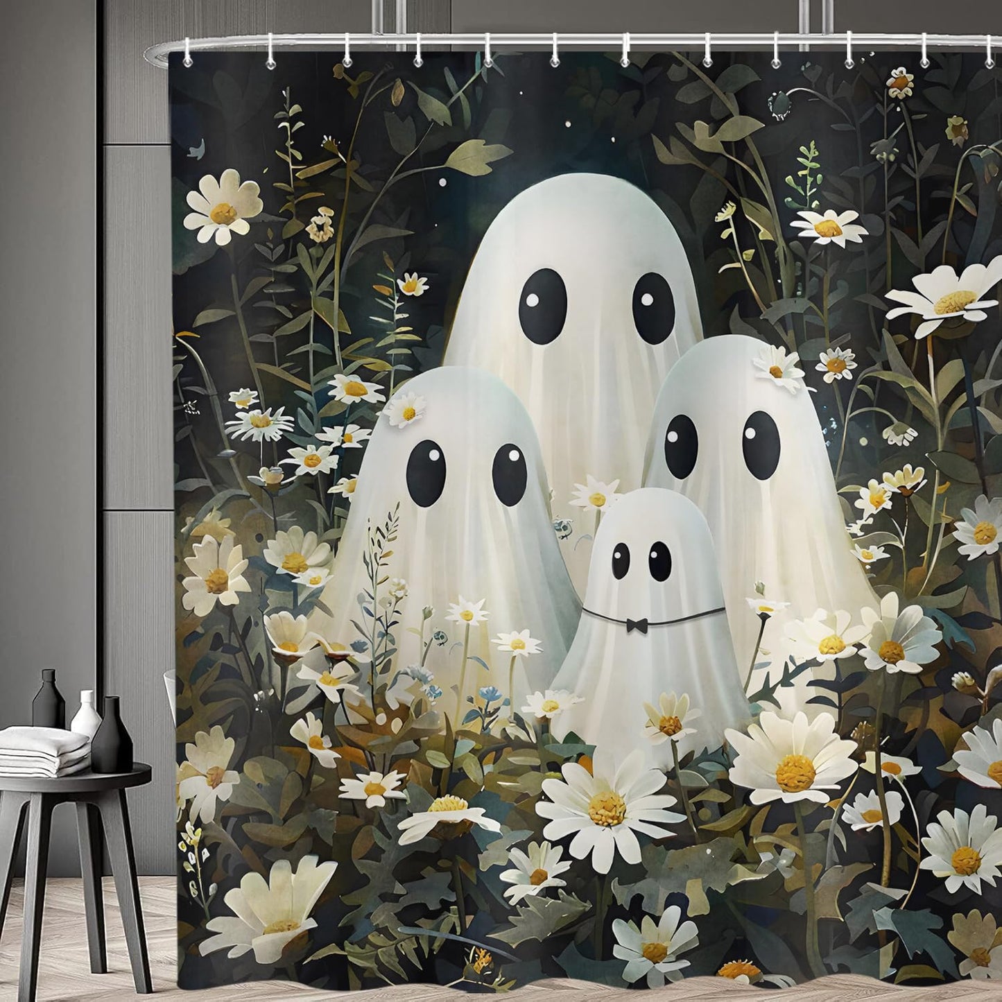 deFouliao Halloween Shower Curtain Flower with Ghost Family Cute Funny Bathroom Curtain Sets for Halloween Themed Bath Home Decor, Waterproof Fabric Decoration with Hooks 72x72 Inch