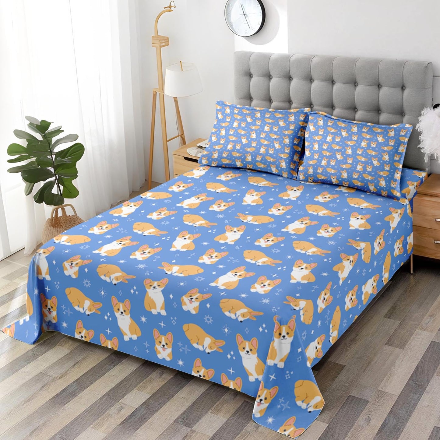 Pamnest Queen Size Bed Sheet Sets, Kawaii Cute Corgi Soft Microfiber 4 Pcs Bedding Sets for Kids and Adults Bedroom Bed Decor, Dog Animal Flat, Fitted Sheet and 2 Pillowcases