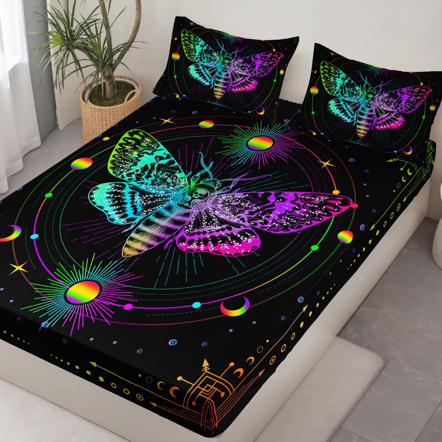 HOSIMA Moth Fitted Sheet Twin,Gothic Aesthetic Room Decor,Halloween Whimsigoth Bed Set Rainbow Stars Moon Boho Bedding,Death Moth Skull Bedding Sets for Girls Adults.