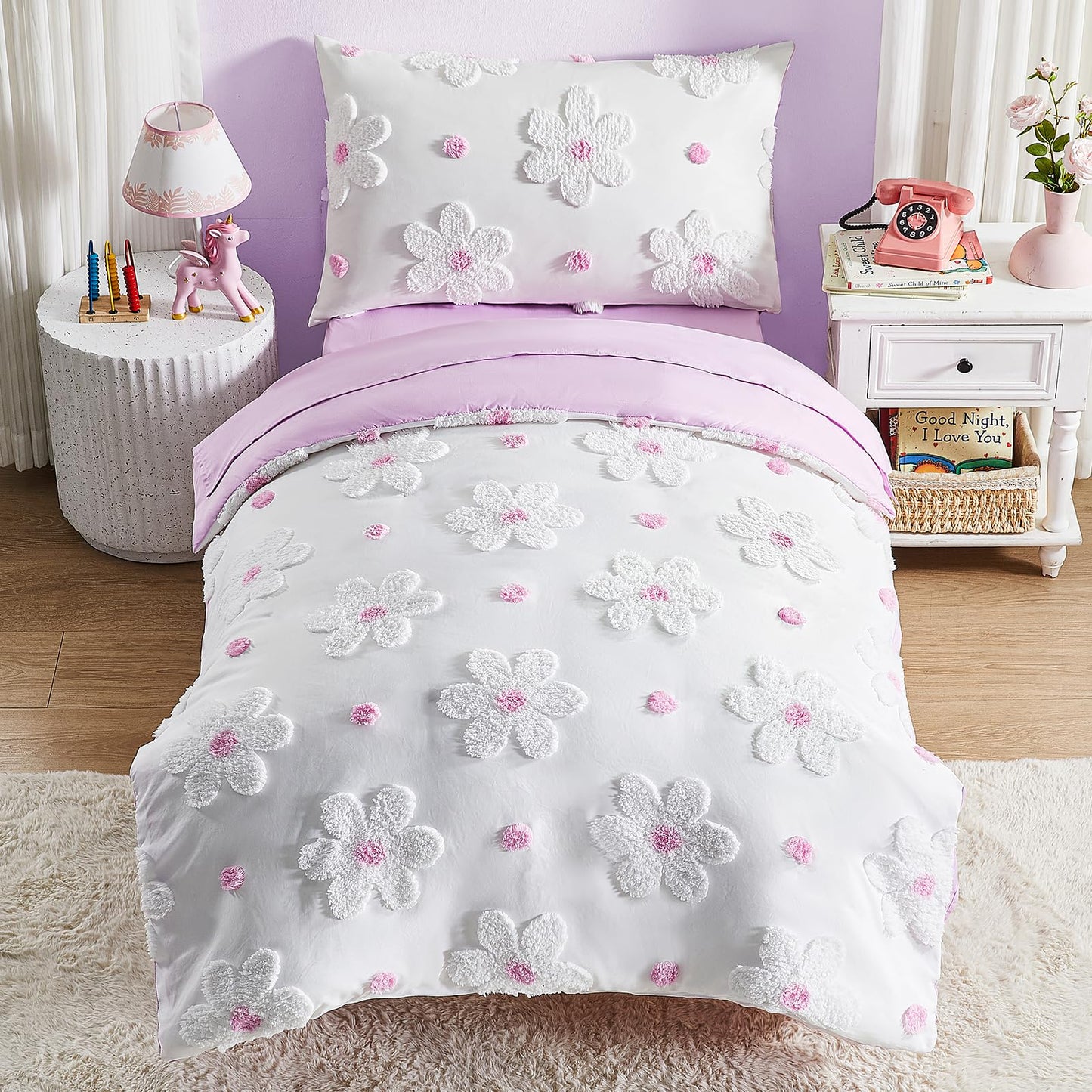 Toddler Bedding Set for Girls 4-Piece Purple Boho Tufted Daisy Flowers Toddler Bed Comforter Set Bed-in-a-Bag Toddler Sheets Bedroom Set with Toddler Comforter, Flat Sheet, Fitted Sheet, Pillowcase