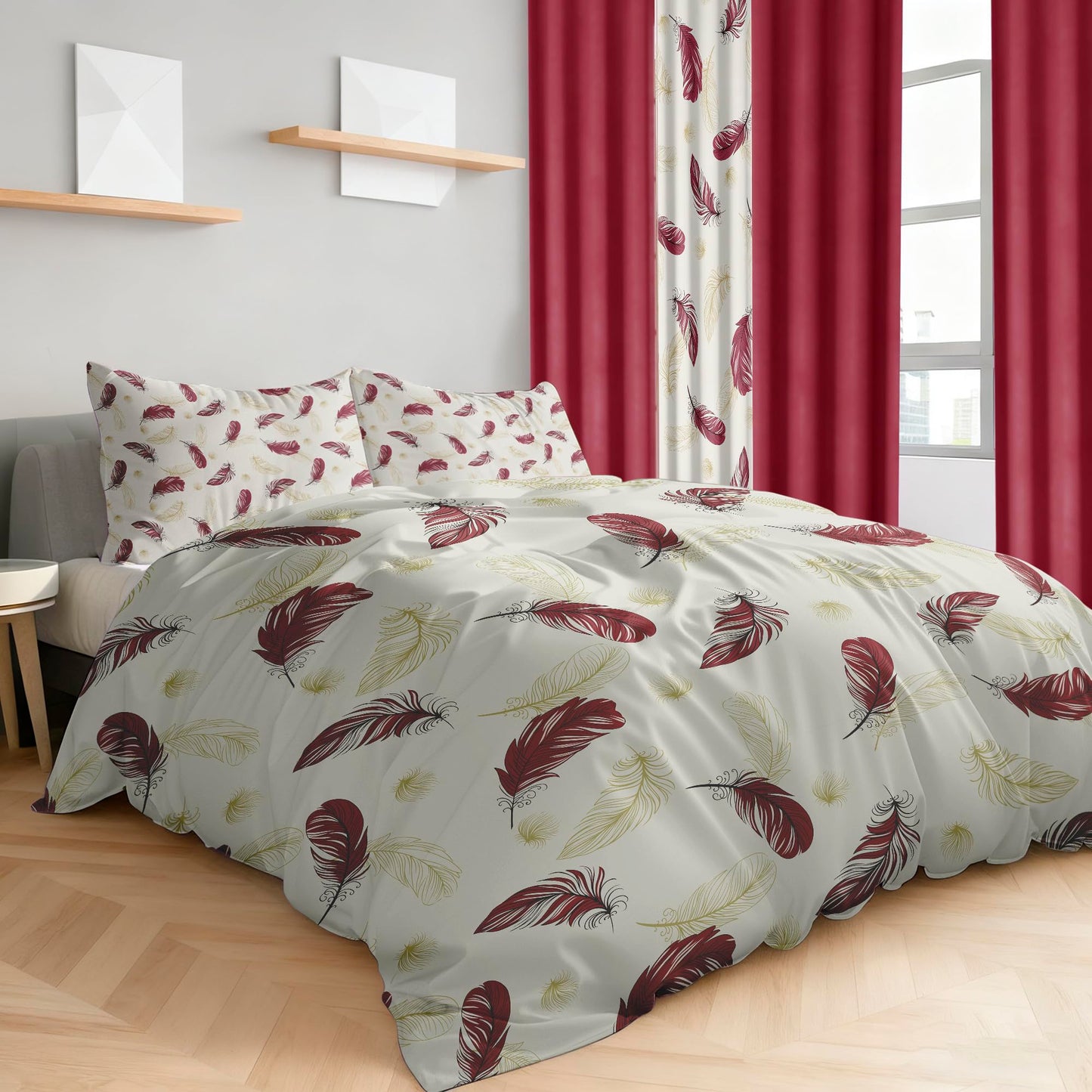 Deepsleep King Bedspread Set 9 Pieces, All Season Luxury Bed in a Bag for Bedroom, with 2 Pillowcases and 6 Curtains, Ultra-Soft Microfiber for Complete Bedroom Decor, Red and White Feather