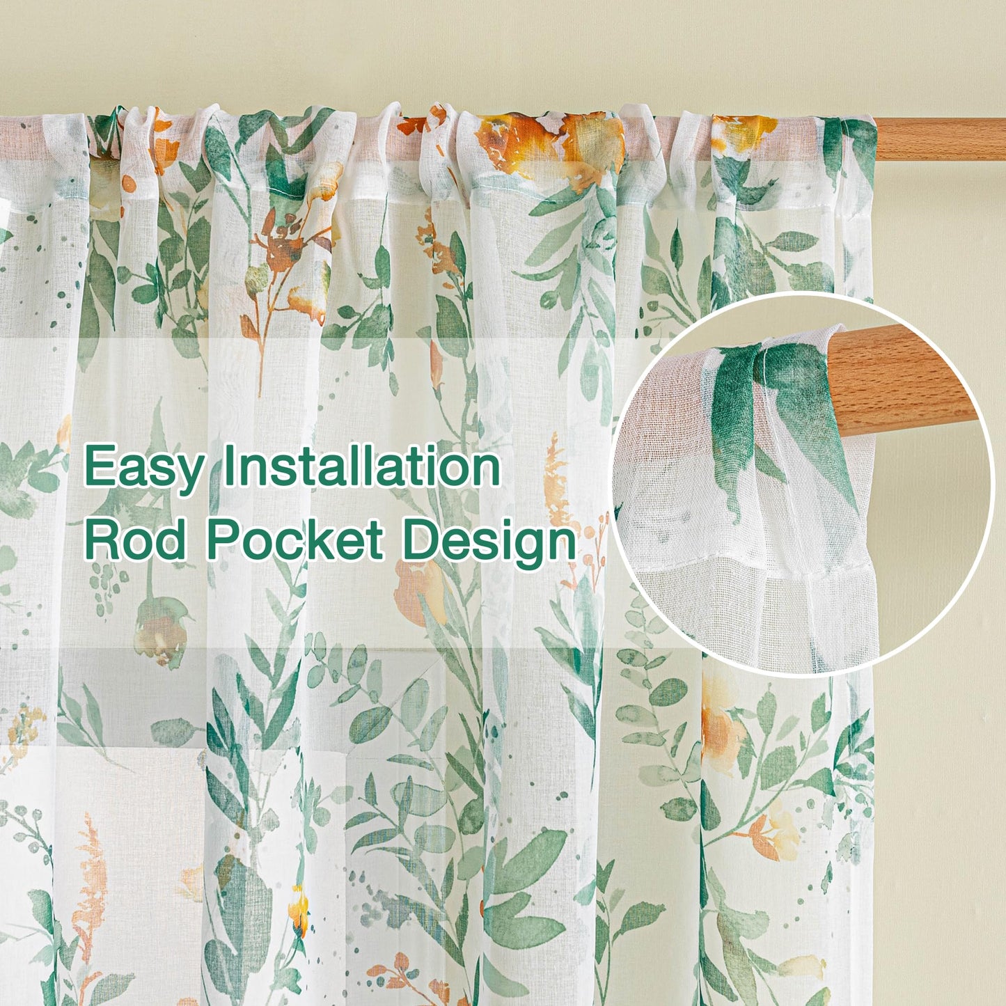 MYSKY HOME Green Sheer Curtains 36 Inches Long 2 Panels Set Country Rustic Floral Design Spring Short Curtains for Windows Rod Pocket Drapes, Each Panel 52" Wide