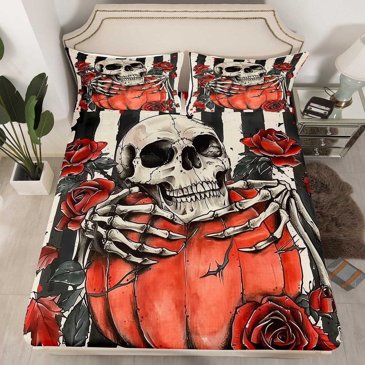jejeloiu Kids Halloween Decor Bed Sheets Sets Twin Size Kids Boys Girls Pumpkins Bedding Set Gothic Skull Bed Sheet Set with 16-Inch Deep Pockets Rose Blossoms Print 3Pcs with 1 Pillow Cases