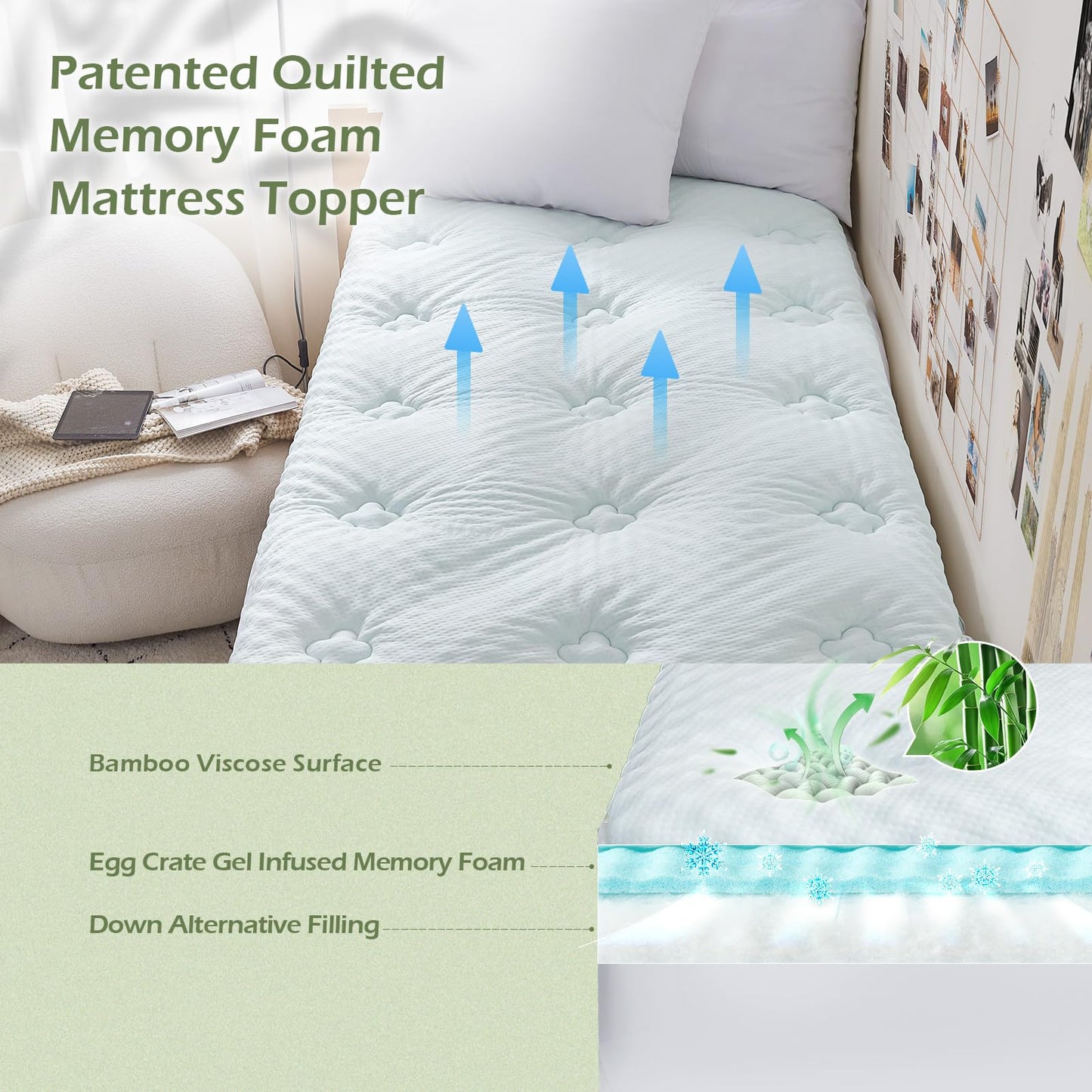 Hansleep Twin XL Mattress Pad Topper College Dorm Memory Foam, Twin XL Foam Mattress Topper Viscose Derived from Bamboo, Twin XL Size Bed Mattress Pad Cover for Back Pain Relief, 39" x 80", White