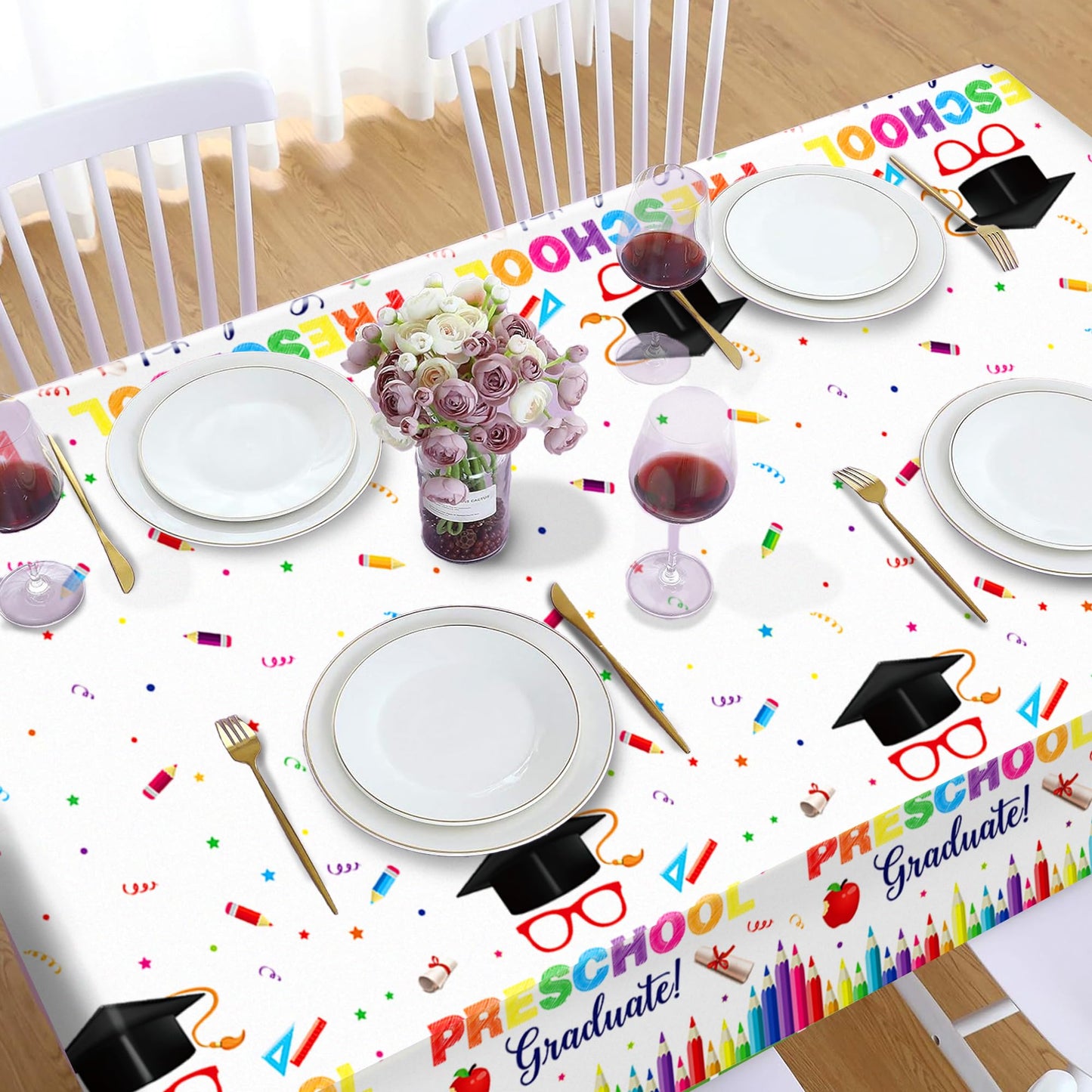 CC HOME 1Pc Preschool Graduation Party Plastic Tablecloth 54 x 87 Inch Long Table Cover, Colorful Crayon Party Tablecover for Graduate Theme Kids Baby Shower Birthday Dinner Picnic Kitchen Event