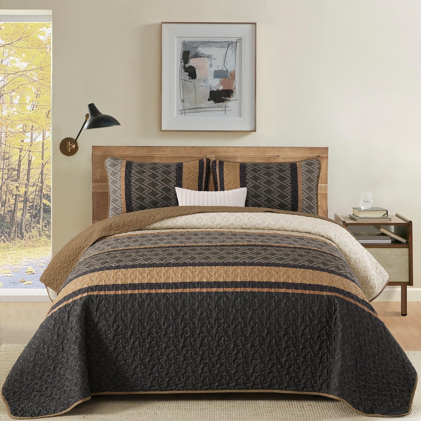 Dinjoy Queen Quilt Set Brown,Striped Bedspread Queen Size, Fall Bedding Sets 3 Pieces Micofiber Lightweight Quilts with 2 Pillow Shams Coverlet Bed Sets for Women Men 96''x90''