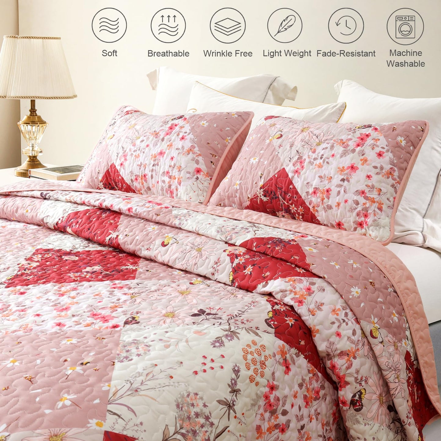 Whale Flotilla Patchwork Quilt King Size, Extra Soft Boho Floral Bedspreads for Bed Reversible Lightweight King Quilt Bedding Set Printed Coverlets with 2 Pillow Shams for All Seasons, Red