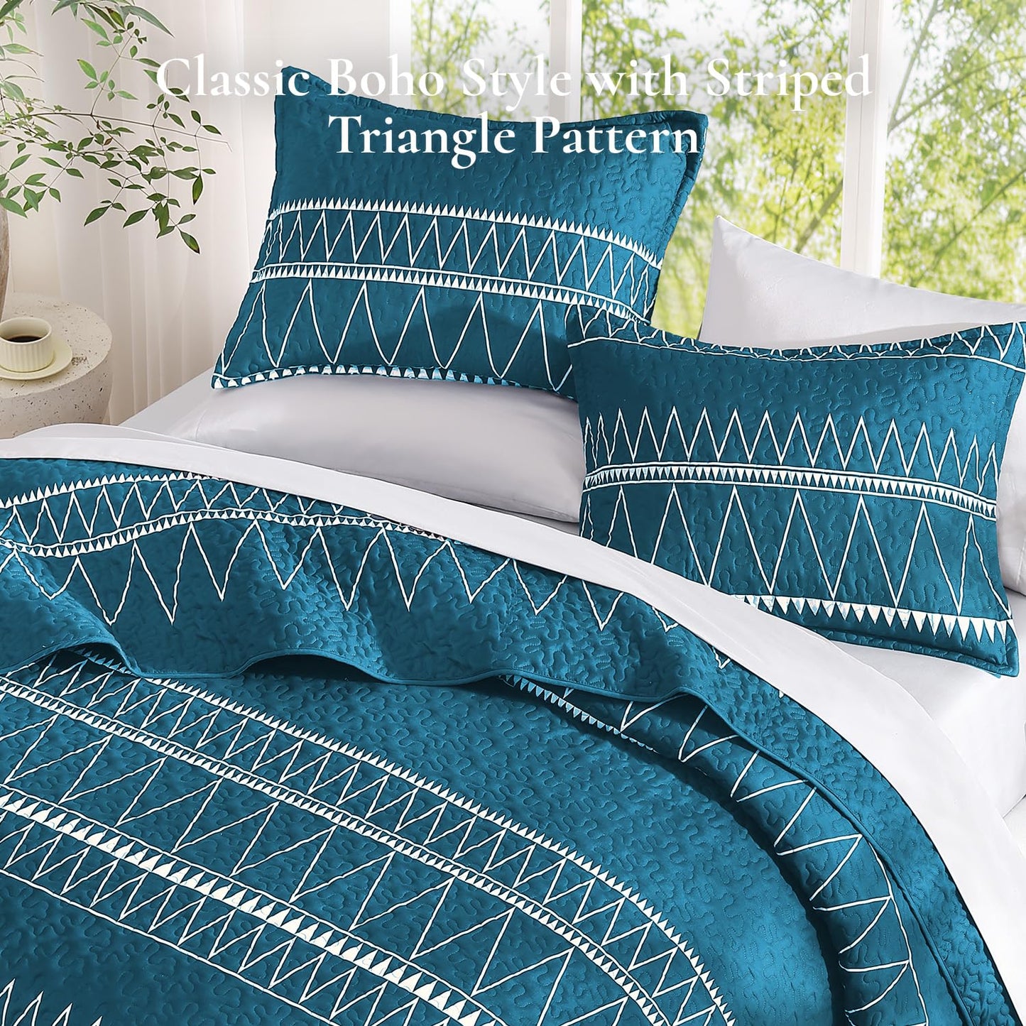 Andency Teal California King Quilt Set, 3 Pieces Boho Lightweight Soft Striped Cal King Bedspread for All Season (112"x104"), Printed Bohemian Polyester Reversible Coverlet Comforter Sets
