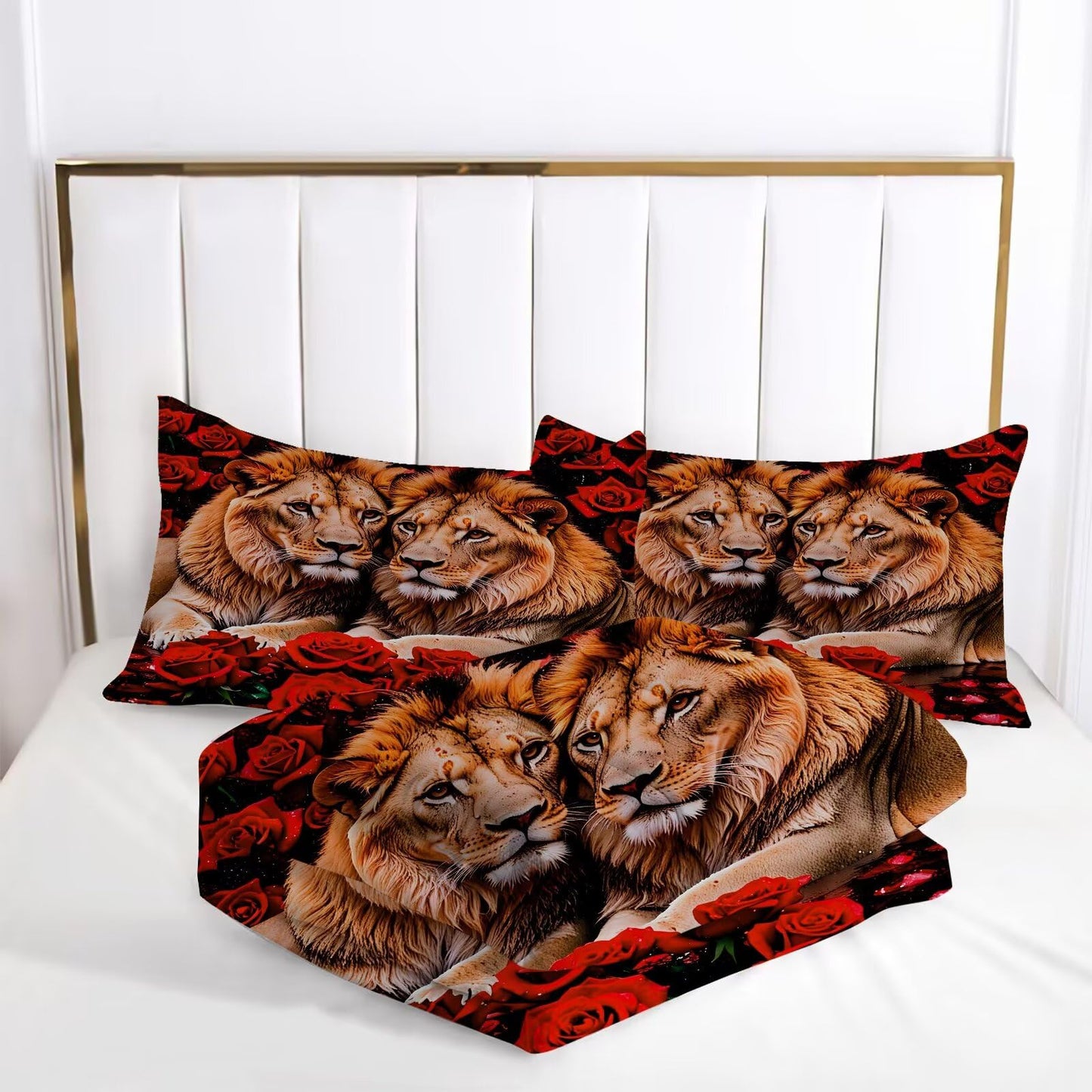 VTKON Kids Adults 3D Animal Comforter Set Queen, Soft Wildlife Lion Red Rose Print Bedding Set Theme Design Animal Print Bedding Set for Kids Youth Adults, Modern Brown Lion Quilt Cover Decor Room
