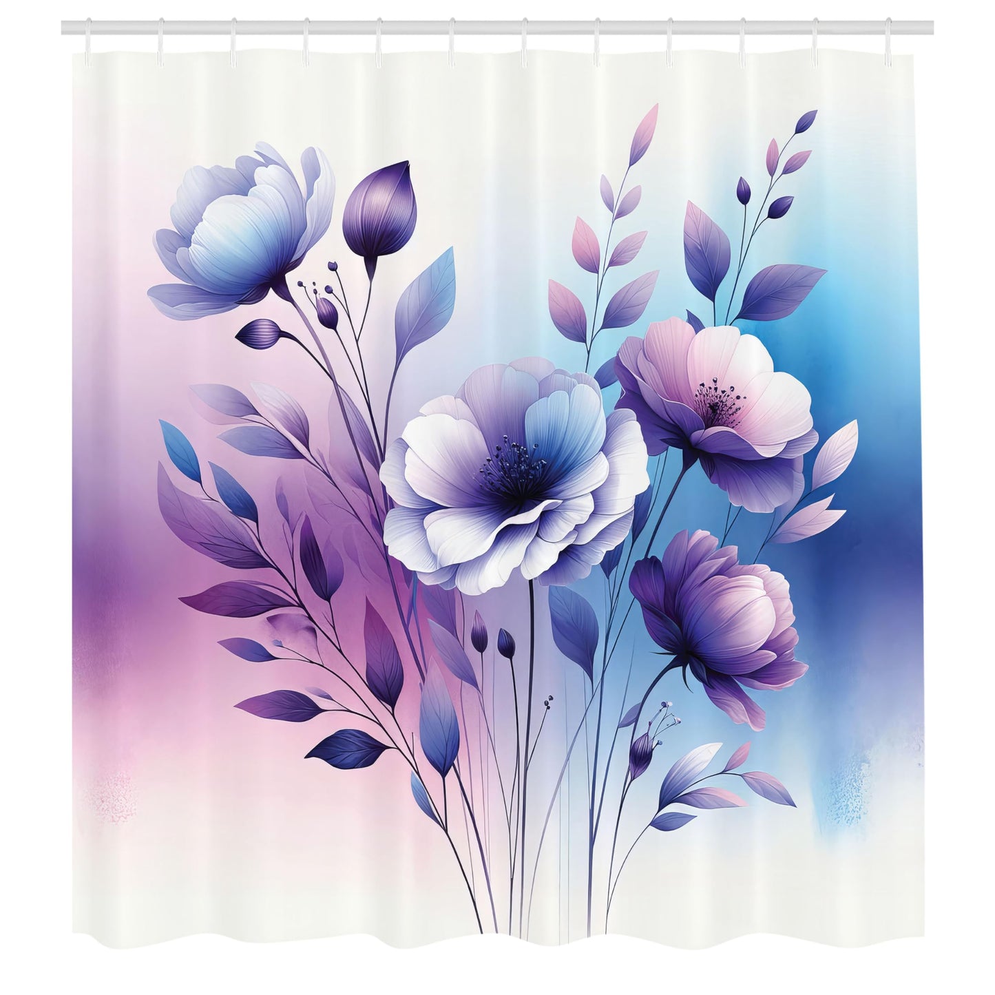 Ambesonne Purple Shower Curtain, Simple Spring Poppy Flowers with Tender Leaves in a Dreamy Color Palette, Cloth Fabric Bathroom Decor Set with Hooks, 69" W x 70" L, Sea Blue Lilac Indigo