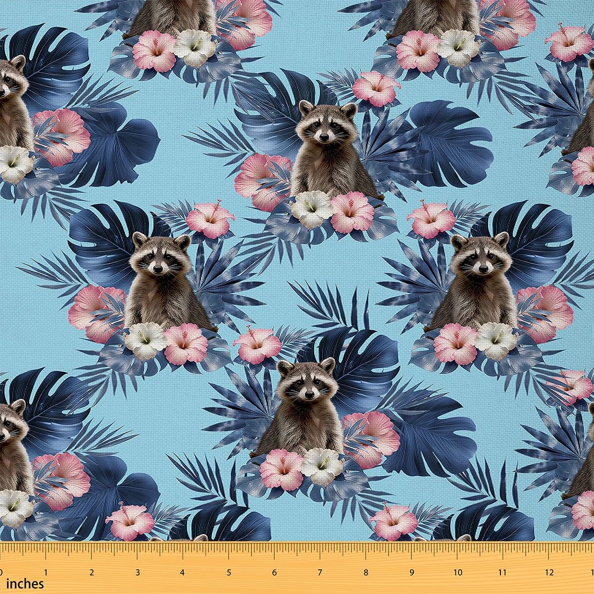 Cute Raccoon Fabric by The Yard Blue Palm Leaves Pink Flowers No Stretch Sewing Fabrics Lovely Wild Animals Tropical Plants Soft Flannel Polyester Fabric for DIY Home Accents 1 Yard Pre-Cut,36"x59"