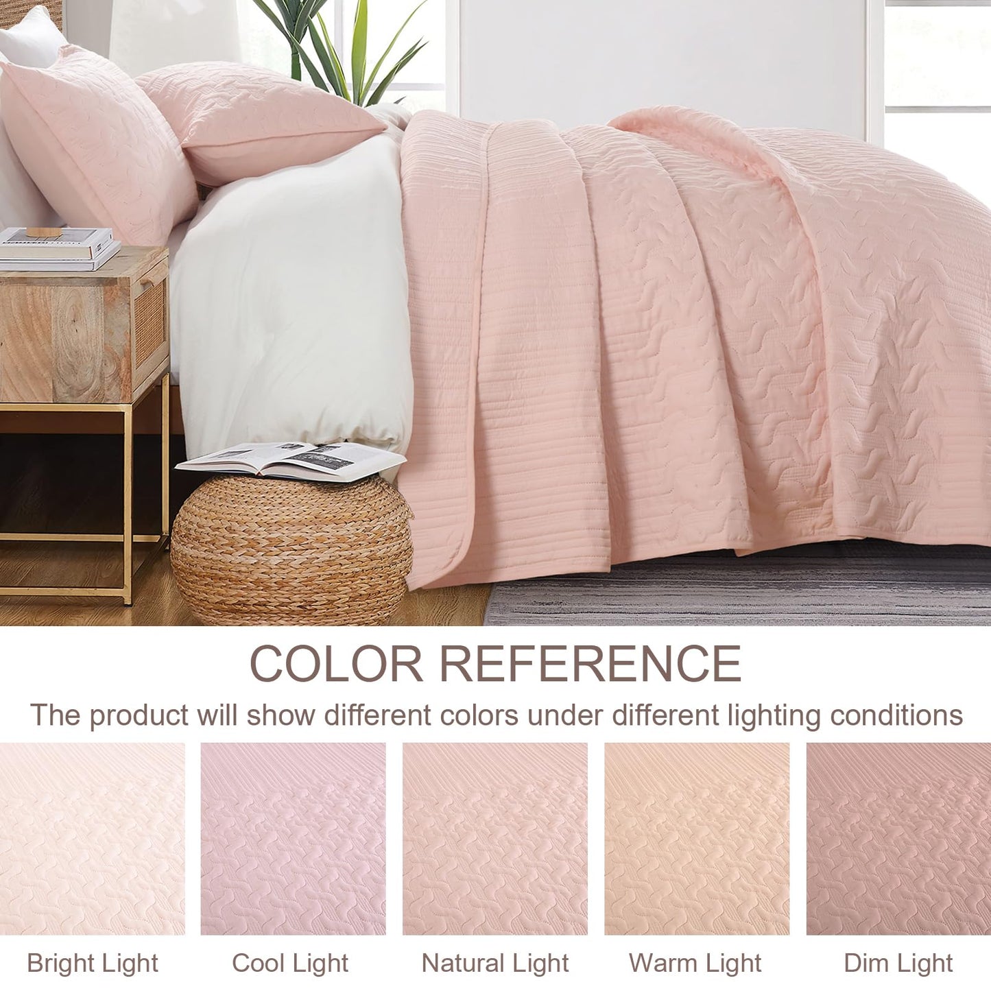 Yiran Blush Pink Quilt Set Queen Size, 3 Piece Reversible Bedspreads Bedding Set, Fall Wave Striped Pattern Coverlet for All Season with 2 Pillow Shams (Full/Queen, 96x90 Inch)