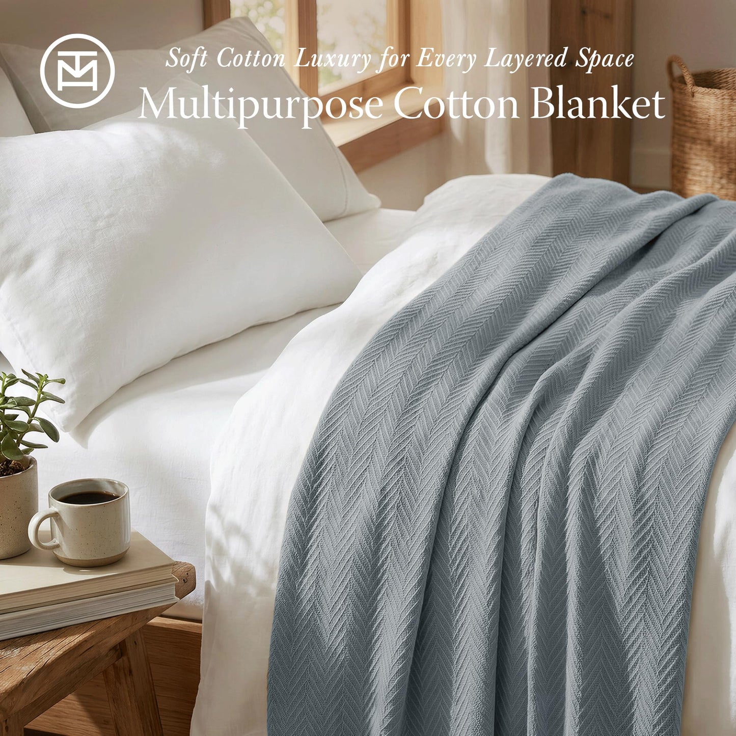 Threadmill Luxury Cotton Blankets for Queen Size Bed | All-Season 100% Cotton Queen Size Blanket | Herringbone Cozy, Soft Breathable Fall Thermal Blanket fits Full Size Bed | Scottish Grey