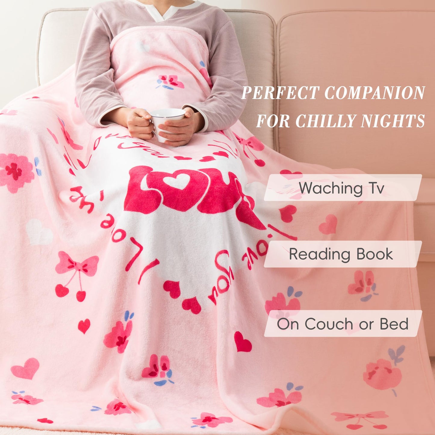 Battilo Birthday Gifts for Women, Girlfriend, Wife, Best Friend, Mom, Sister, Mothers Day Blanket, Love Blanket, Super Soft Flannel Throw Blankets for Bed Couch Sofa,50 x 60, Pink
