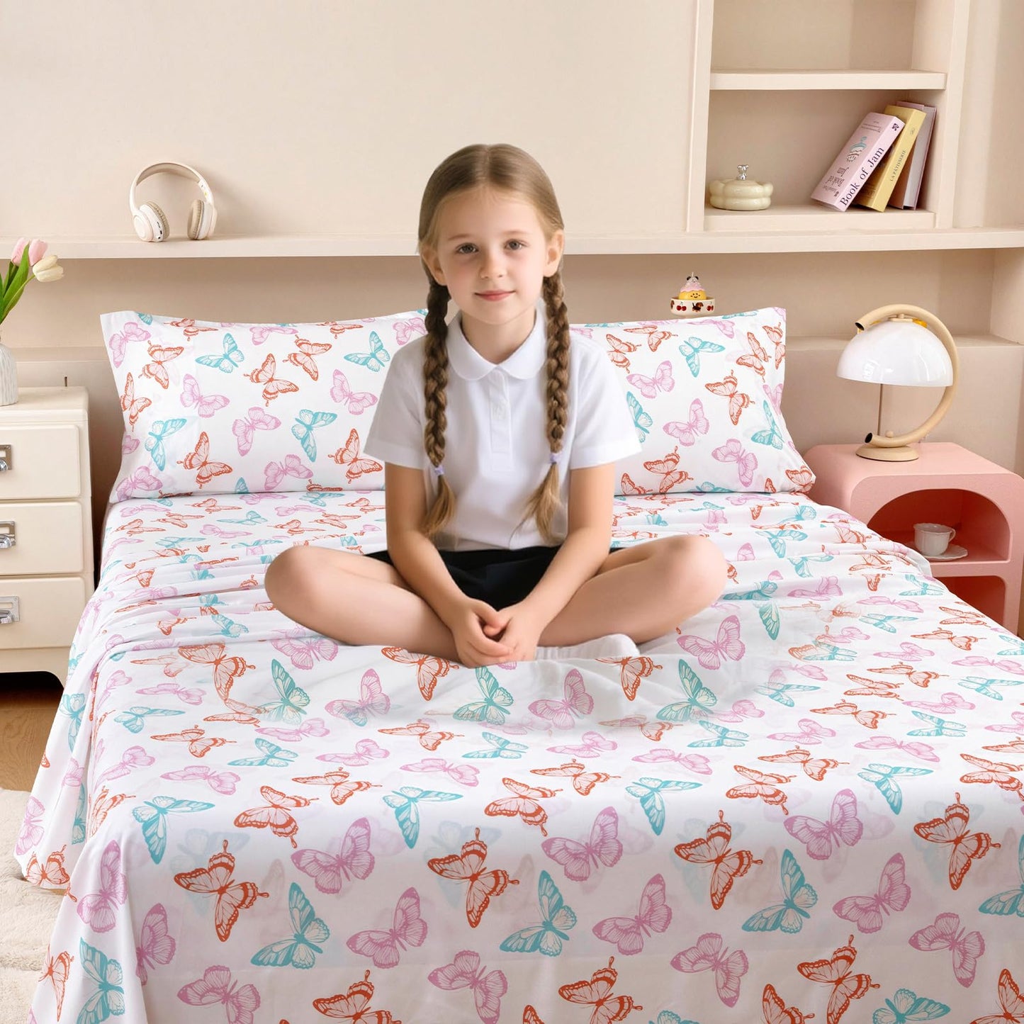 MICORAL Kids Twin Sheet Set Butterfly, 3 Pieces Sheets for Boys & Girls, Soft Printed Microfiber Bed Sheets, Deep Pocket Cozy Toddler Bedding Set