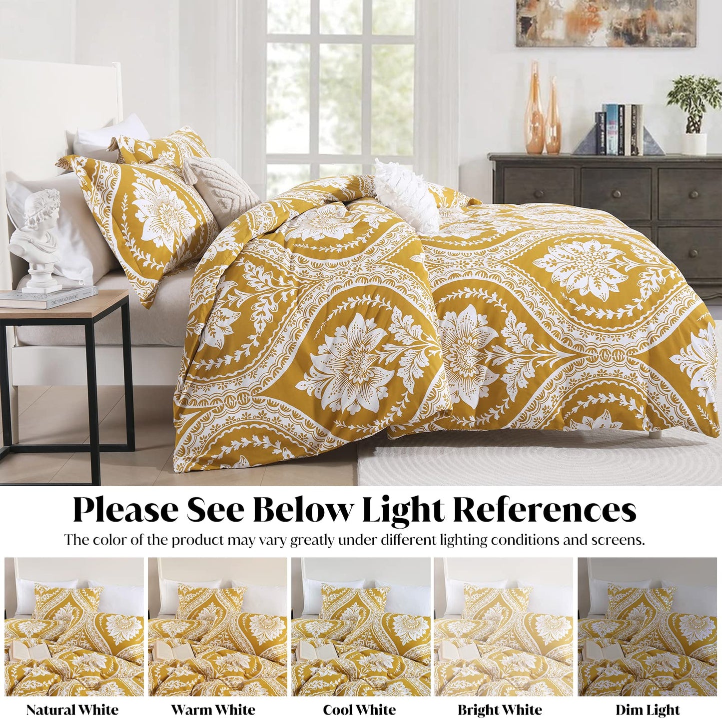CozyDH Cotton Duvet Cover King Size - 100% Cotton 400 Thread Count Washed Duvet Cover Set with Yellow Floral Damask Paisley Pattern, 3 Piece Soft Bedding Set (King, 104" x 90", No Comforter)