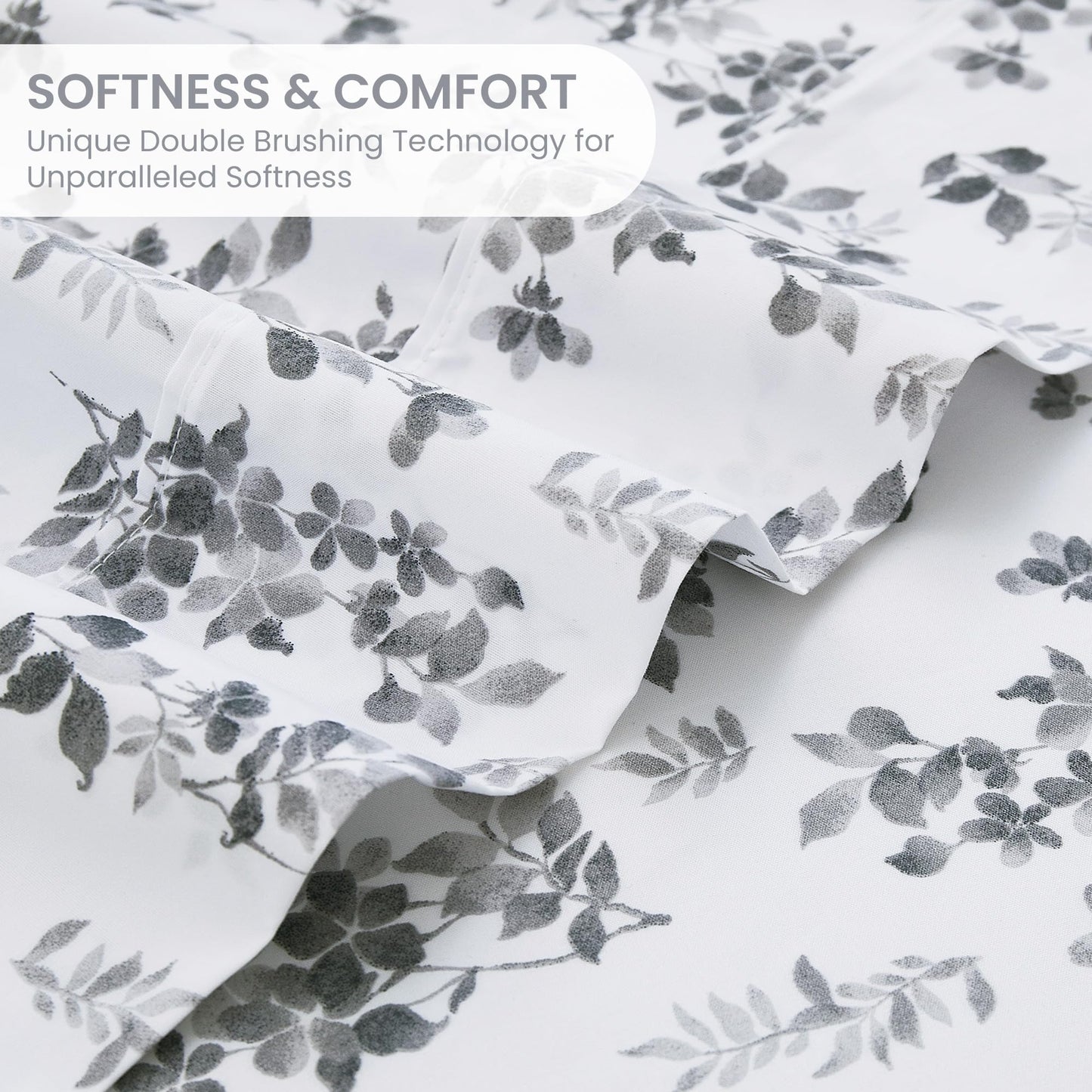Mooreeke Cozy Vintage Microfiber Printed Queen Sheet Set - Soft Breathable Percale Cotton Floral Bed Sheets with Deep Pocket - Non-Slip Fitted Design - Gradient Grey Small Flowers Pattern
