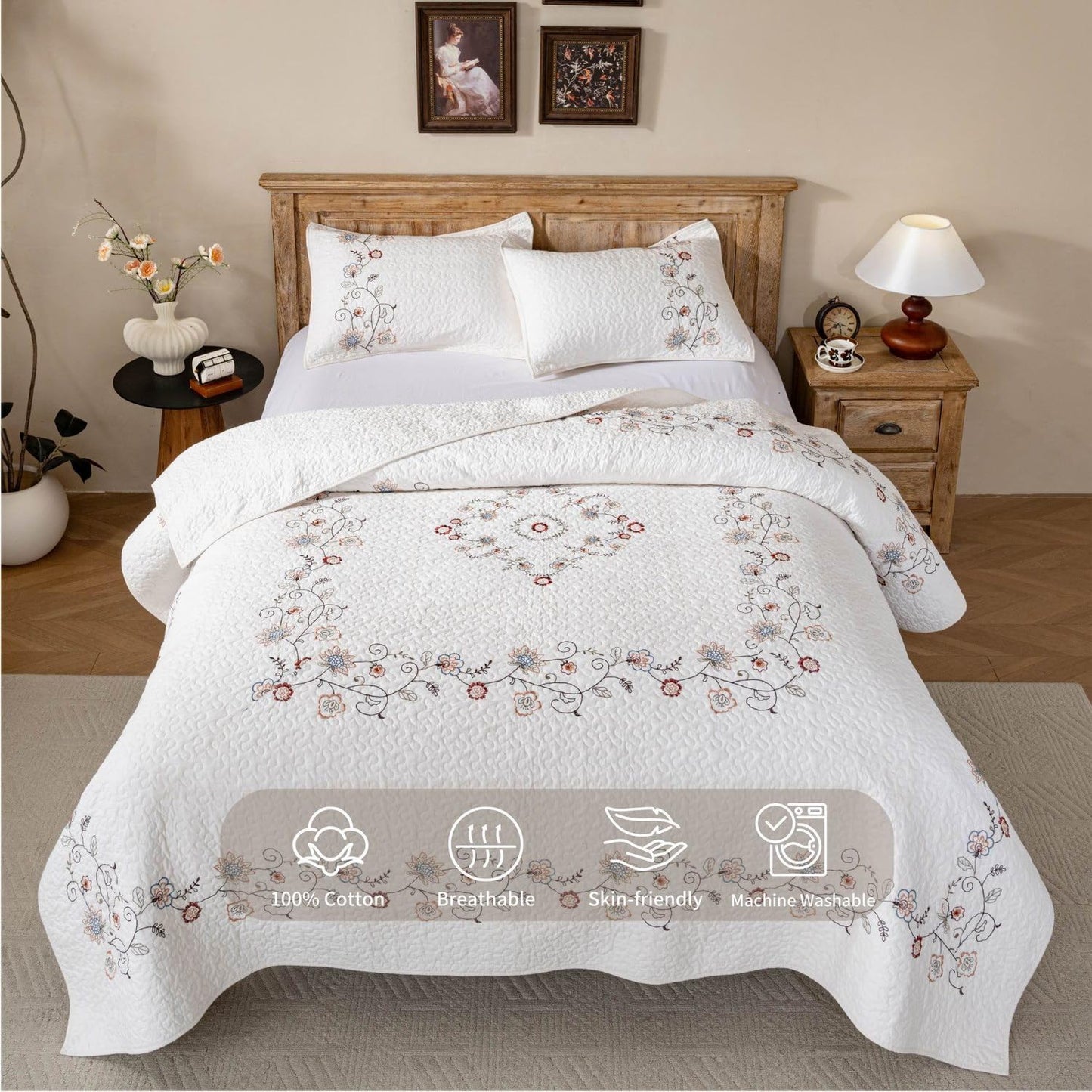meadow park Embroidery Quilt Set 3-Piece Prewashed. 100% Cotton. Embroidery and Allover Quilting. Queen Size Bed Spread. Ivory Color.