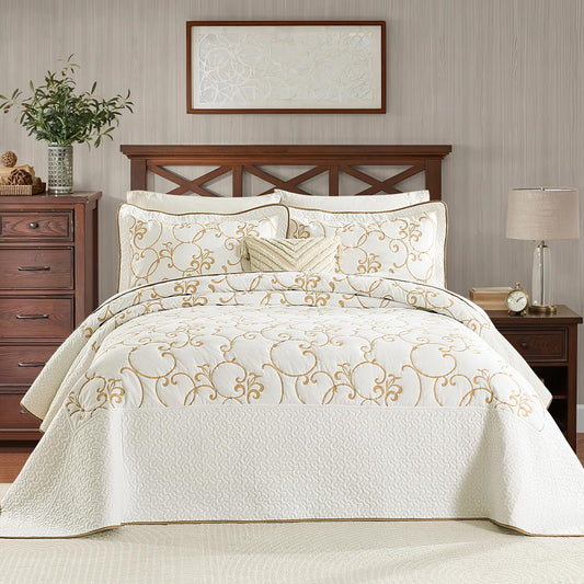 Finlonte Oversized King Bedspread 120"x120" - 100% Cotton Vine Embroidery Cal King Quilted Bedspread, Off-White(Ivory) Bedspread Coverlet Golden Vine, Lightweight Extra Large Quilt with 2 Pillowshams
