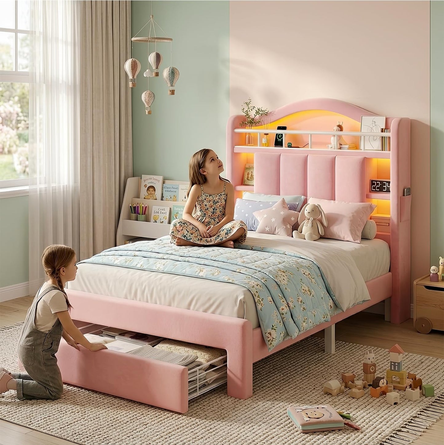 Pink Twin Size LED Bed Frame with Storage Headboard, Upholstered Velvet Princess Bed for Girls with 5 Charging Ports (USB-C & AC), Hidden Privacy Compartment, Sturdy Aluminum Frame & 1 Silent Drawers