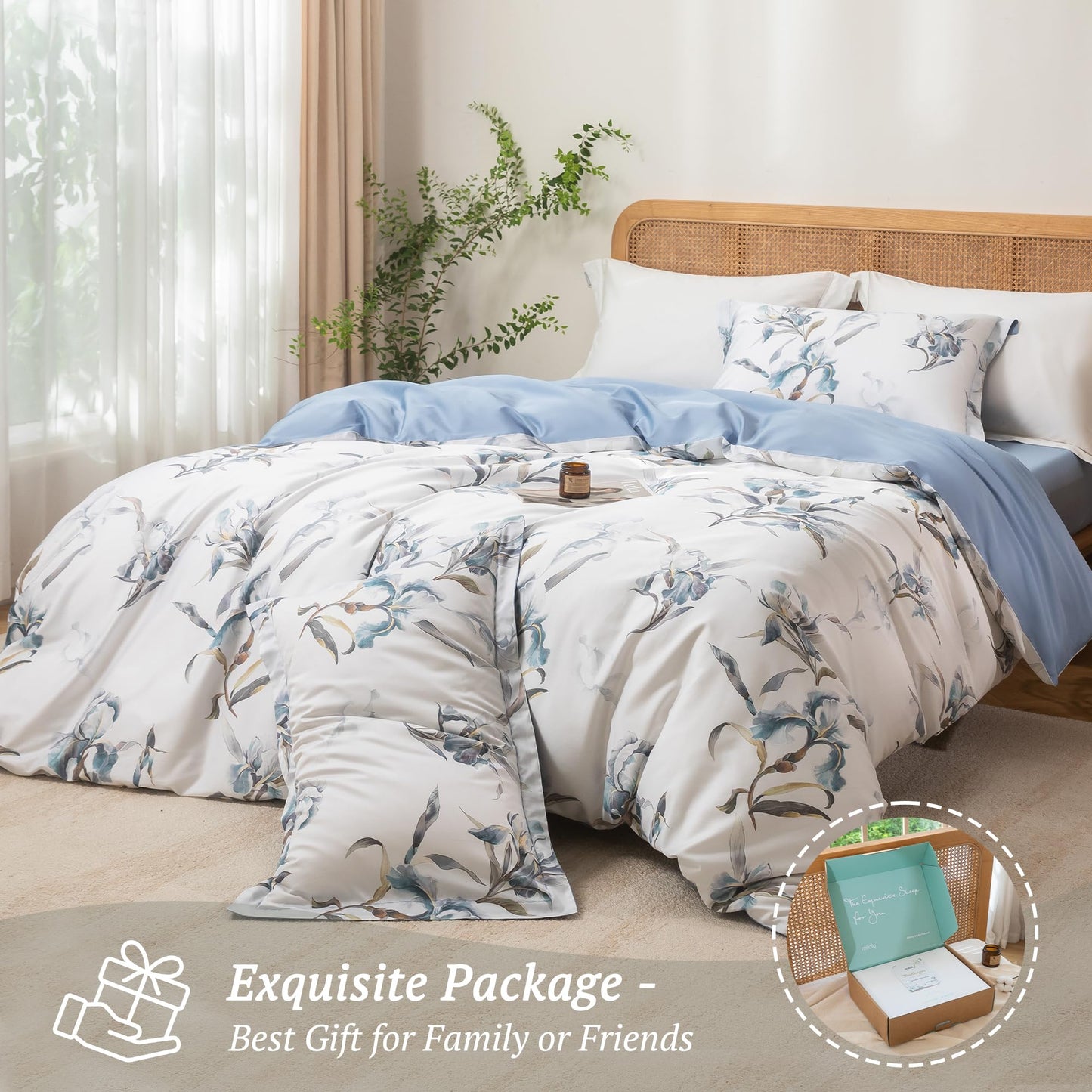 MILDLY Queen Duvet Cover Set - 100% Long-Staple Cotton White Blue Floral Patten Reversible Comforter Cover - 3Pcs Soft Breathable Luxury Bedding for All Season