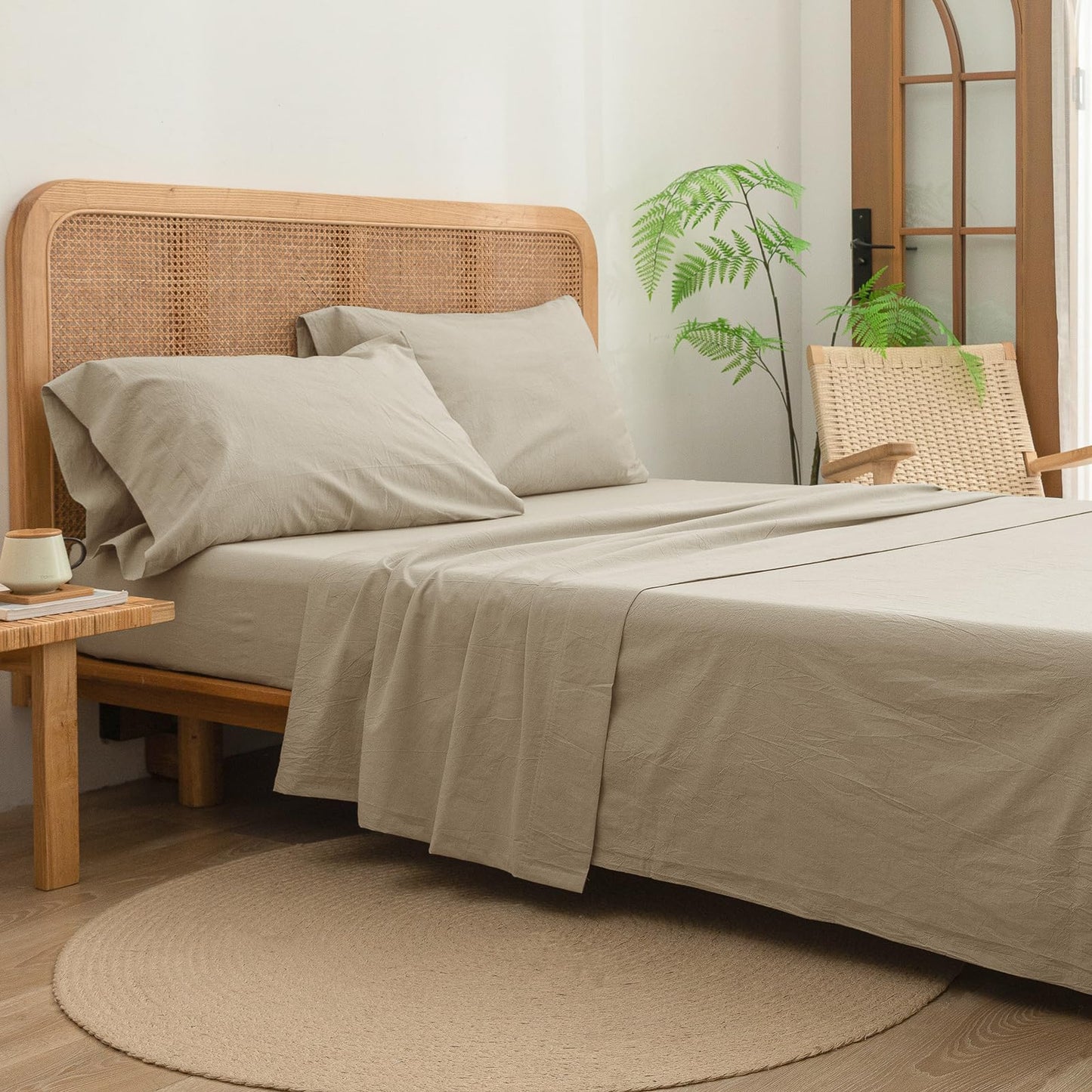 BESTOUCH Flat Sheet Only 100% Washed Cotton Linen Feel Wrinkle-Free, Fade-Resistant, Stain-Resistant, Bed Top Sheet, Solid Almond Milk Grey Queen