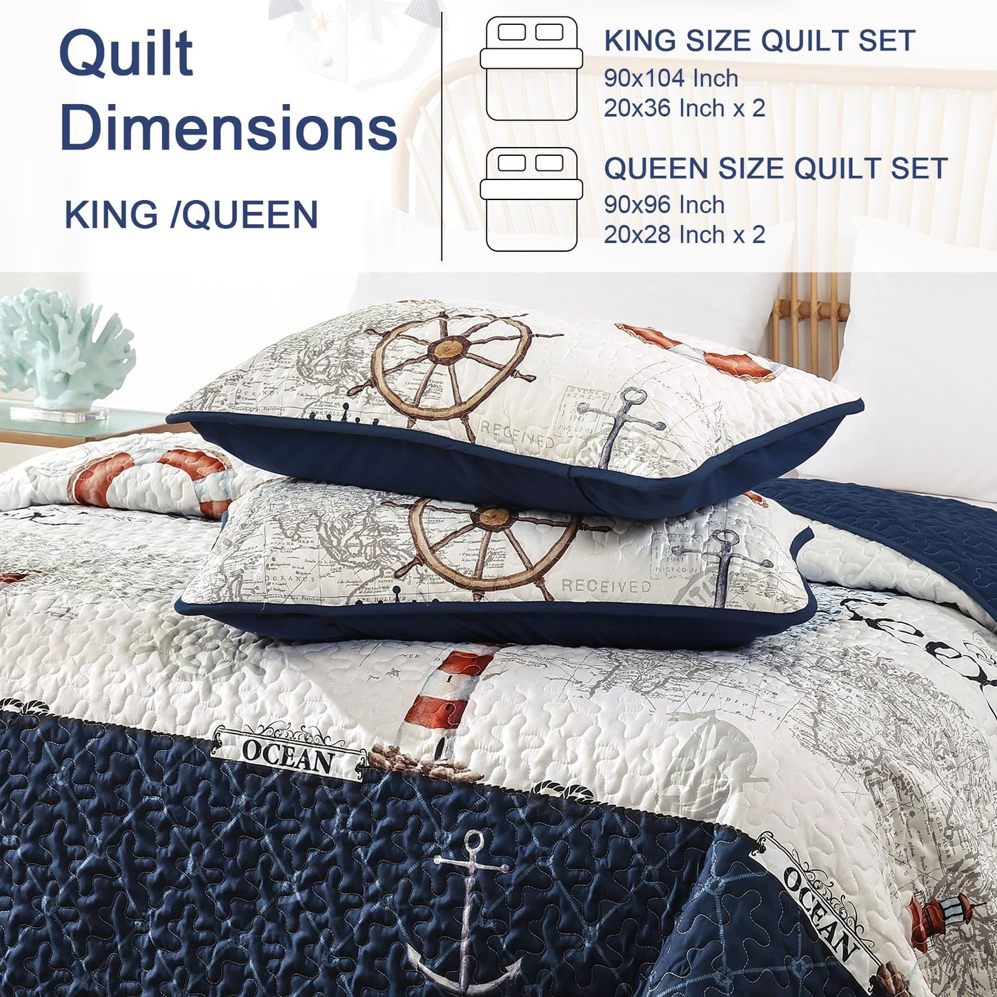 Djoymock Ocean King Size Quilt Set 3 Piece,Nautical Coastal Quilt Bedding Set with 2 Shams Soft Lightweight Beach Bedspread Coverlet Summer Reversible Microfiber Comforter Set for All Season, 104"x90"