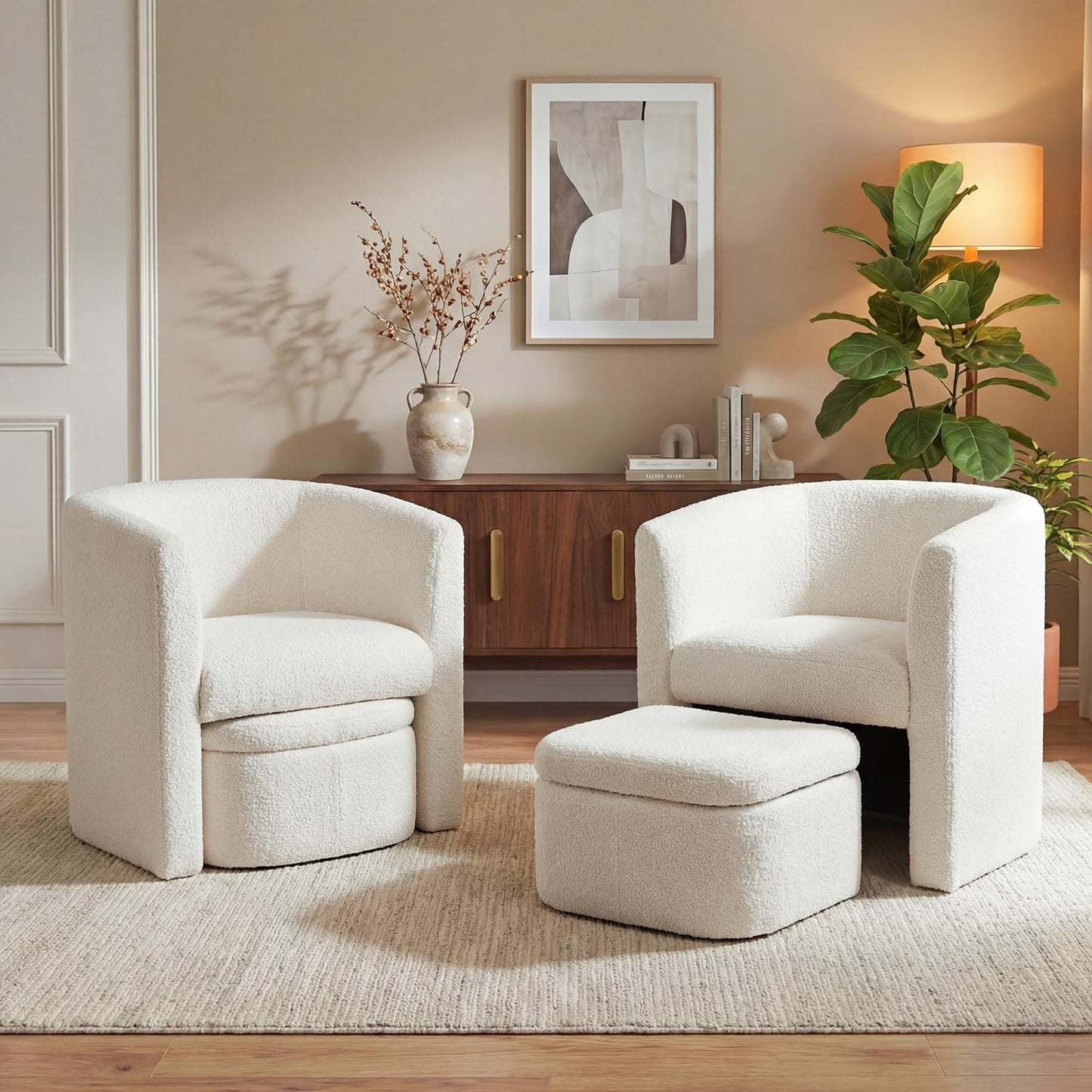 COLAMY Velvet Morden Living Room Chair with Storage Ottoman, Barrel Accent Chair with Lounge Seat for Bedroom/Reading Spaces, Rubberwood, Sponge Foam, Cream